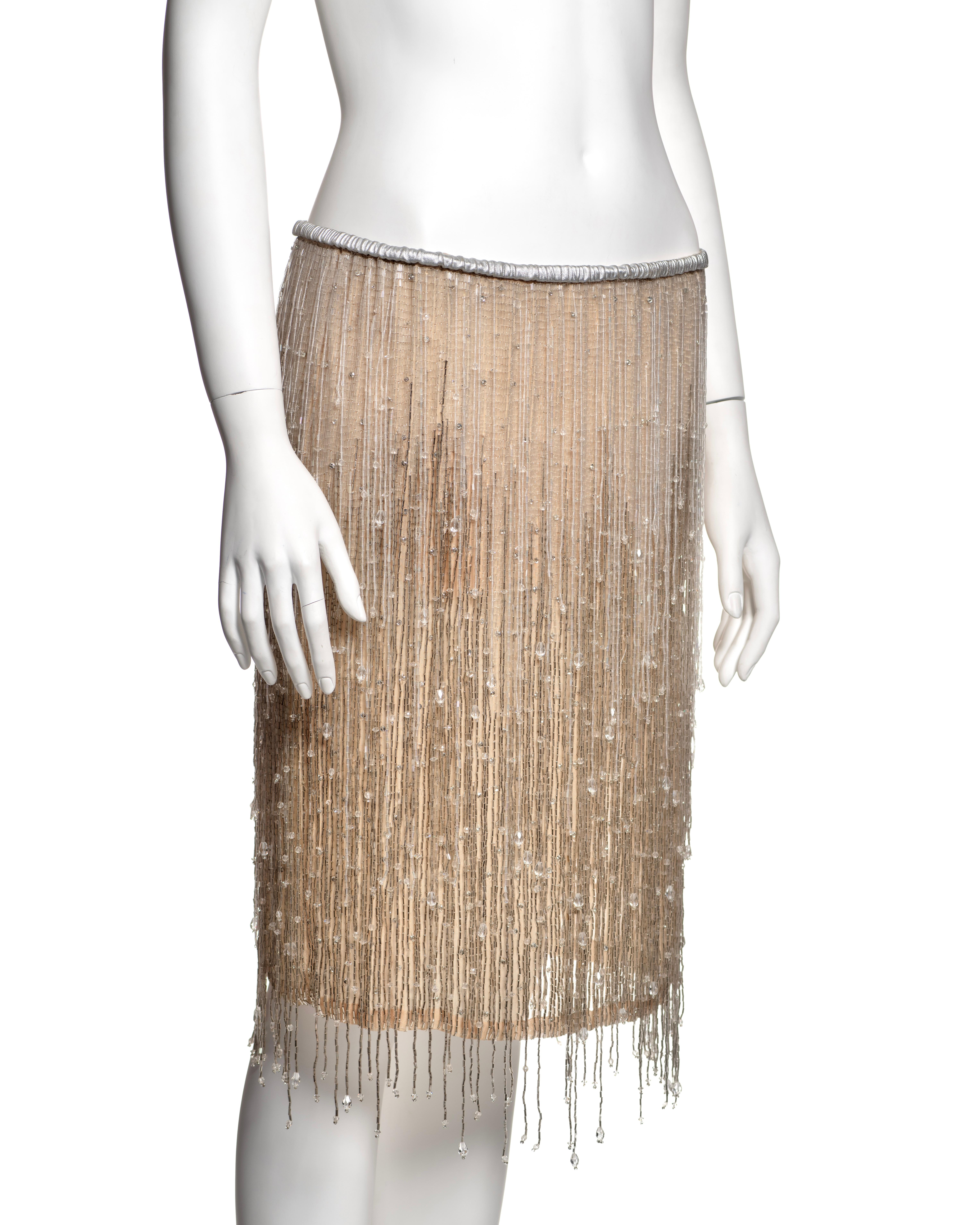 Jupe Gucci by Tom Ford à franges perlées argentées en soie et cuir, SS 1999 en vente 6