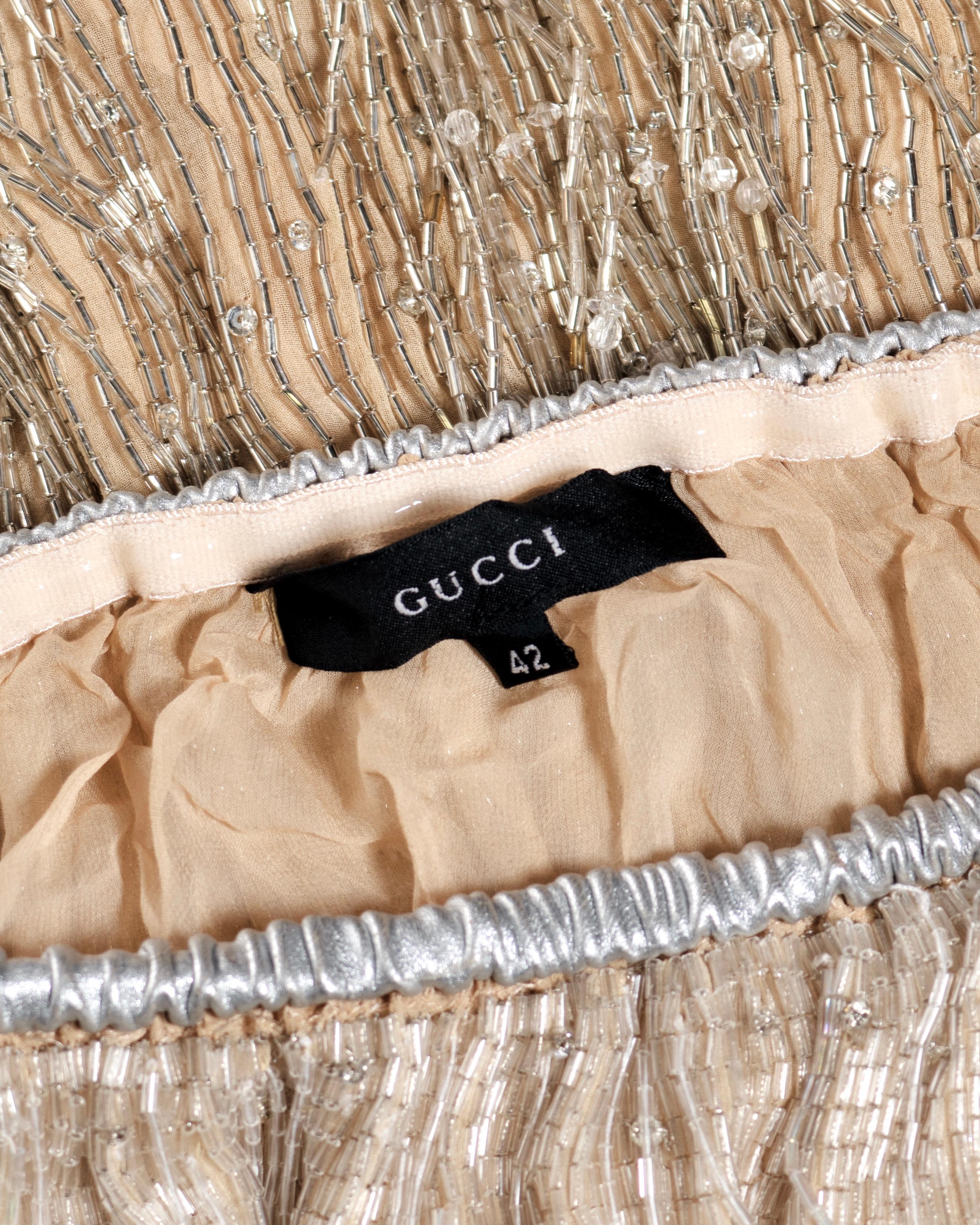 Jupe Gucci by Tom Ford à franges perlées argentées en soie et cuir, SS 1999 en vente 12