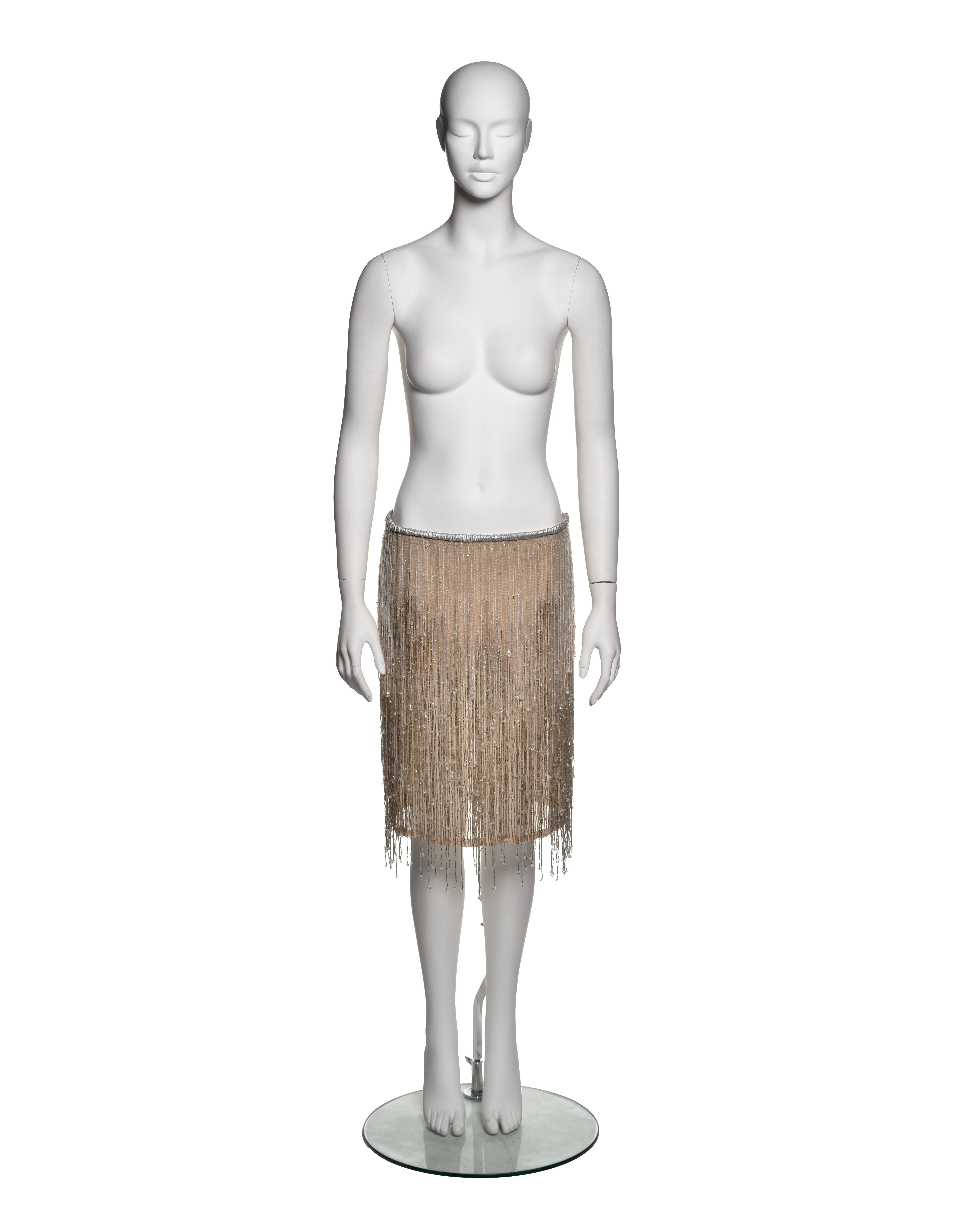 Jupe Gucci by Tom Ford à franges perlées argentées en soie et cuir, SS 1999 en vente 1
