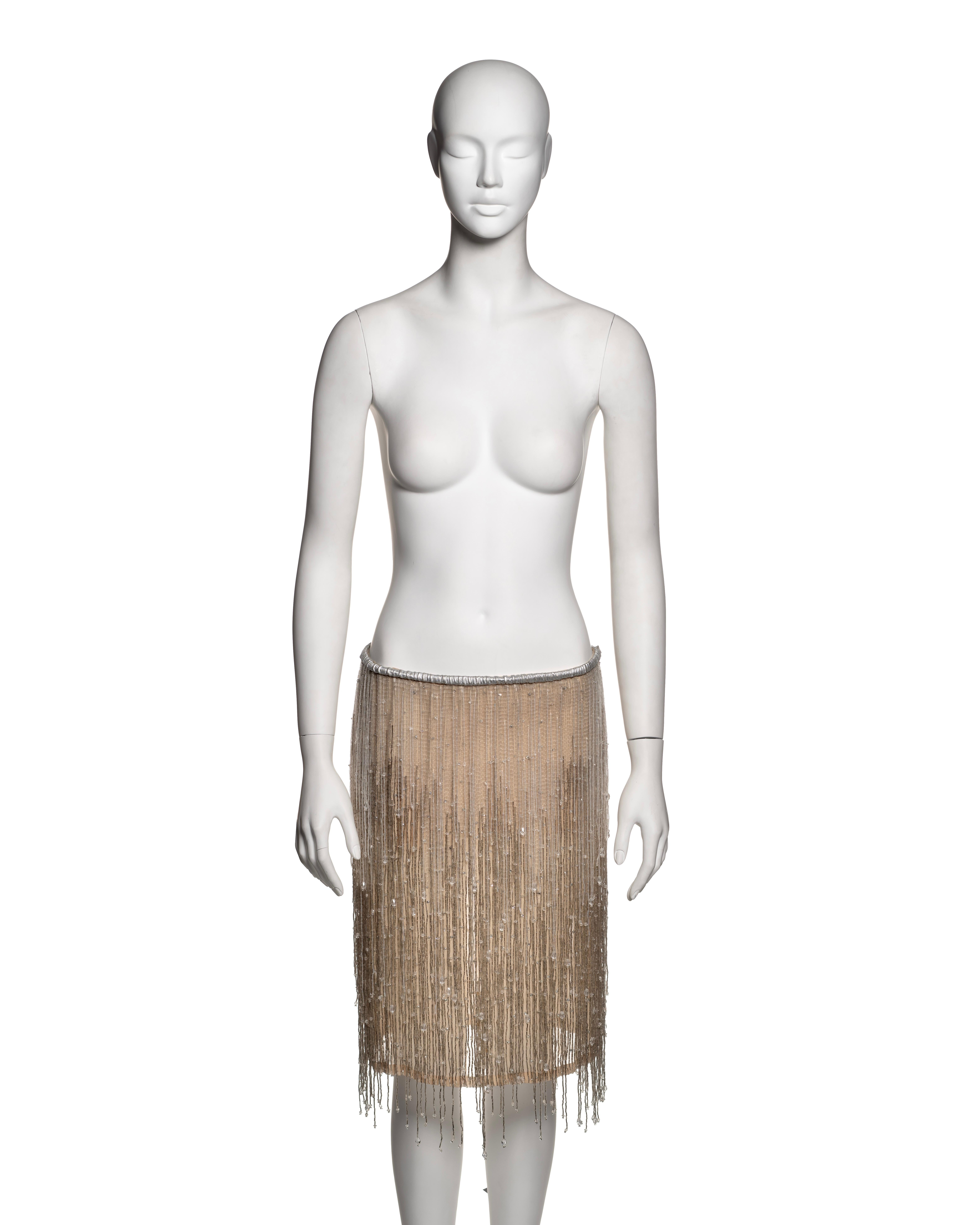 Jupe Gucci by Tom Ford à franges perlées argentées en soie et cuir, SS 1999 en vente 2