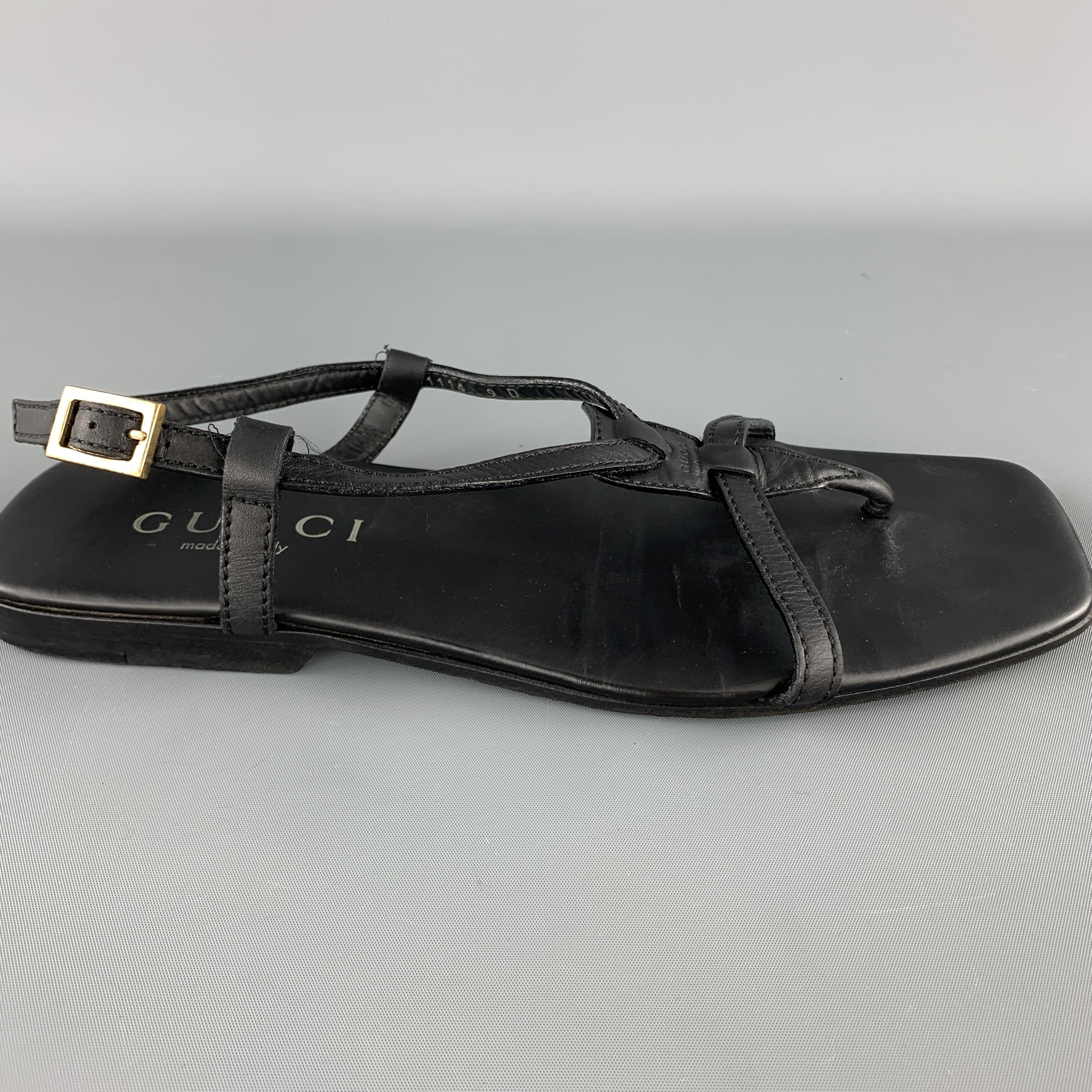 Men's GUCCI by TOM FORD Size 10 Black Leather T Strap Thong Sandals