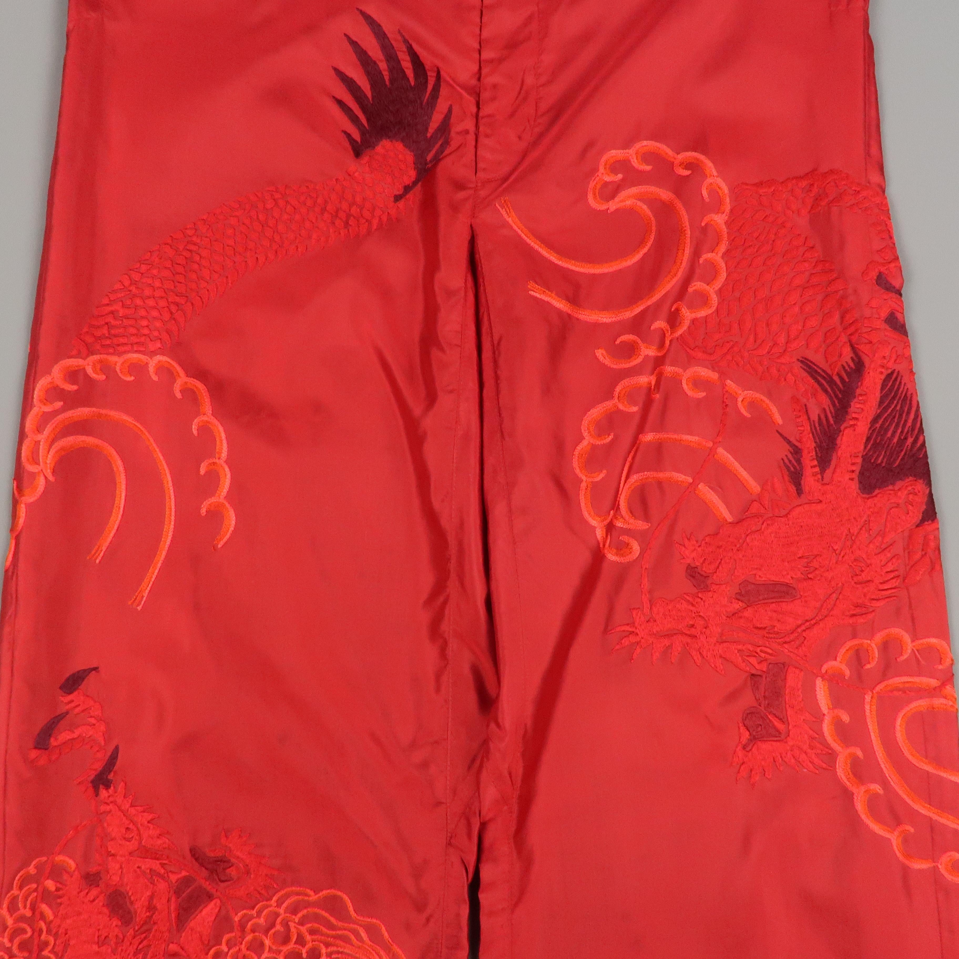Men's GUCCI by TOM FORD Size L Cream Dragon Embroidered Silk Wide Leg Karate Pants