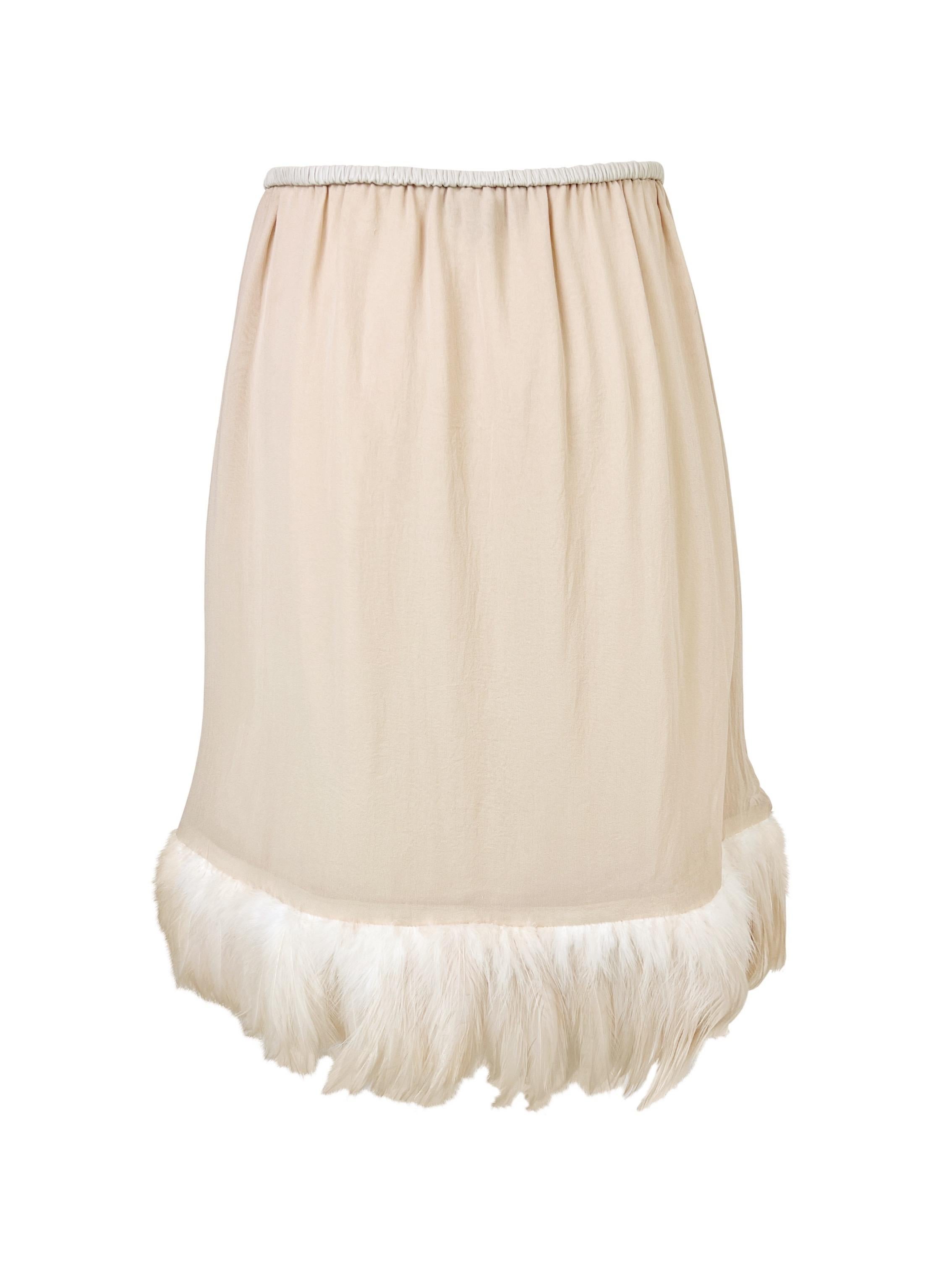 Beige Gucci by Tom Ford Spring 1999 Feather Trim Silk Skirt