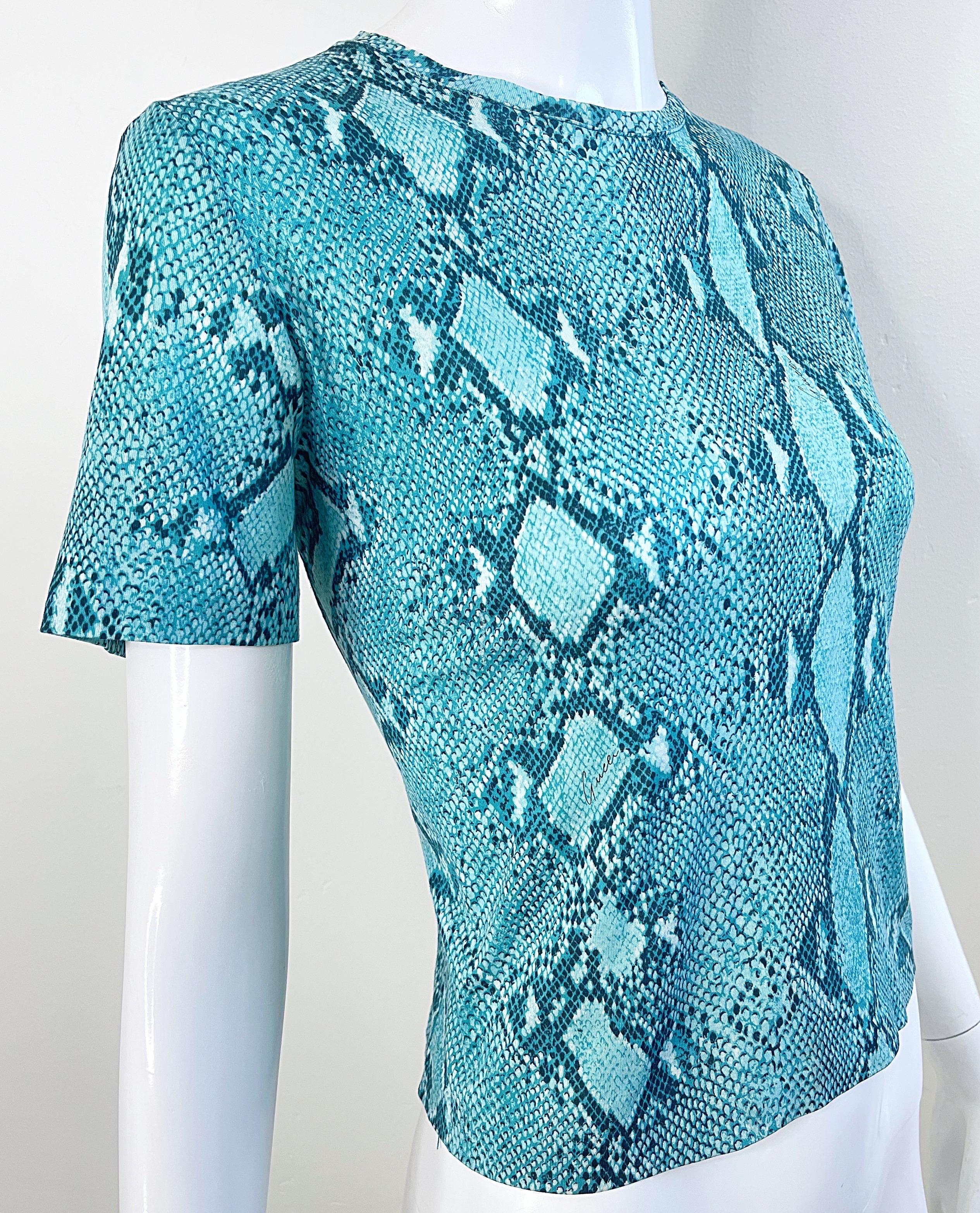 Gucci by Tom Ford Spring 2000 Turquoise Blue Snake Print Vintage Tee Shirt Y2K For Sale 3