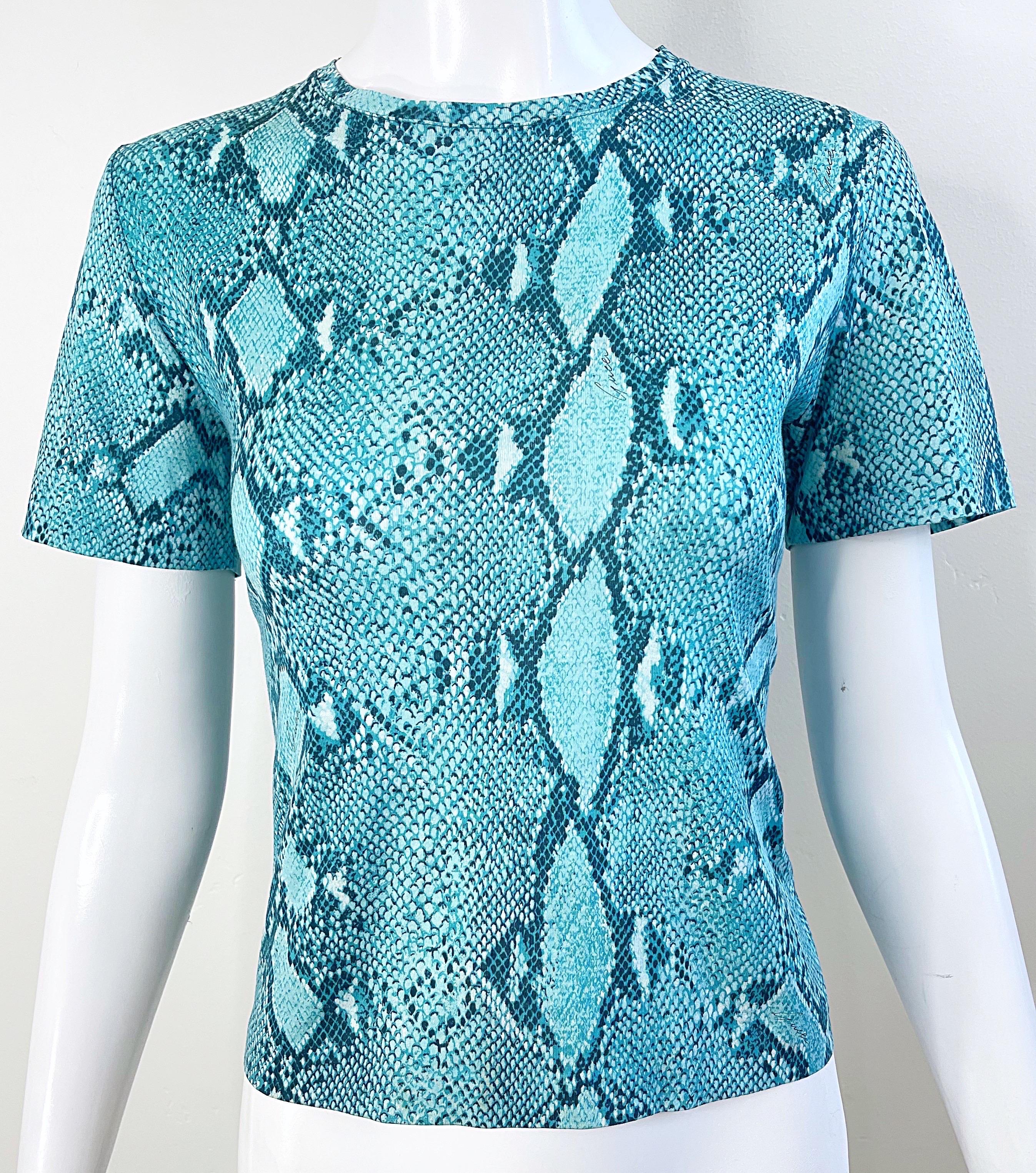 Gucci by Tom Ford Spring 2000 Turquoise Blue Snake Print Vintage Tee Shirt Y2K For Sale 5