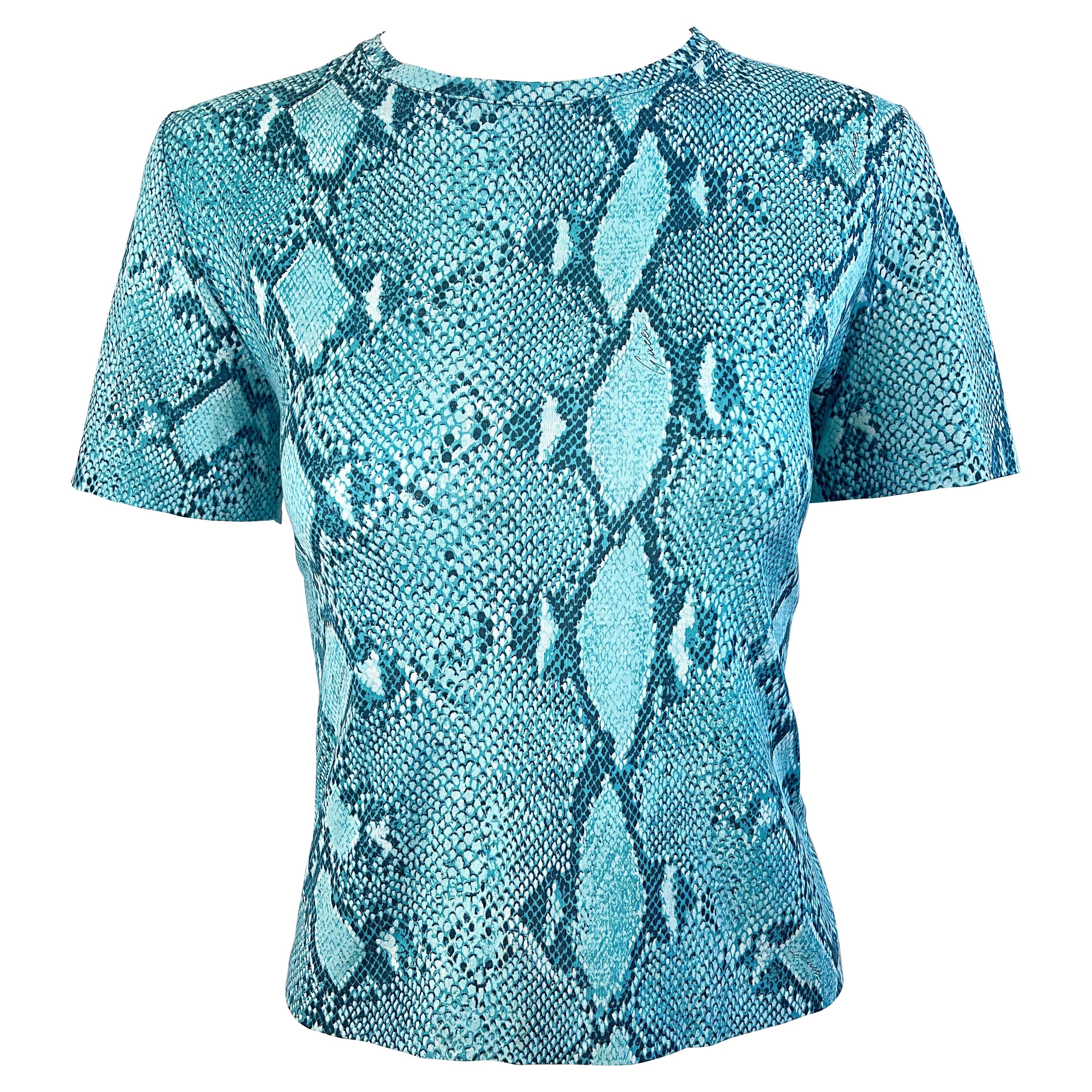 Gucci by Tom Ford Primavera 2000 Maglietta vintage con stampa serpente blu turchese Y2K