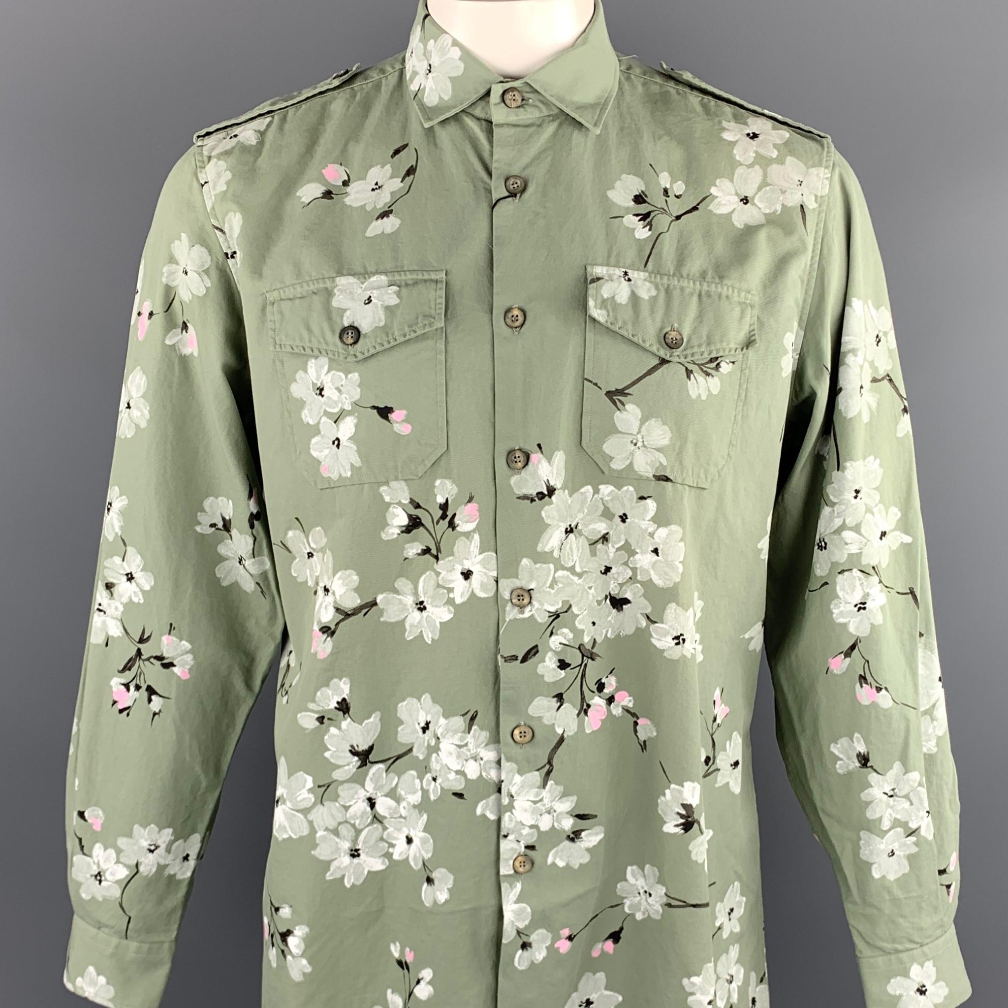 GUCCI by TOM FORD Spring 2003 long sleeve shirt comes in a olive cotton with a hand painted floral print featuring a button up style, epaulettes, patch pockets, and a spread collar. Made in Italy. 

New With Tags. 
Marked: