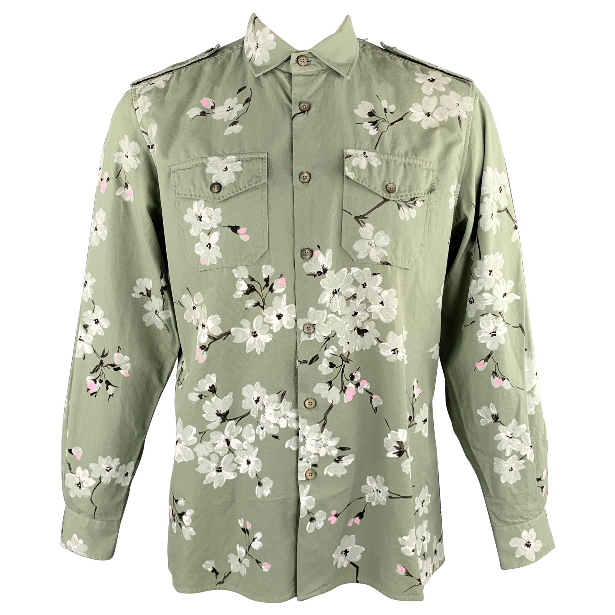 GUCCI by TOM FORD Spring 2003 Size M Olive Hand Painted Cotton Shirt