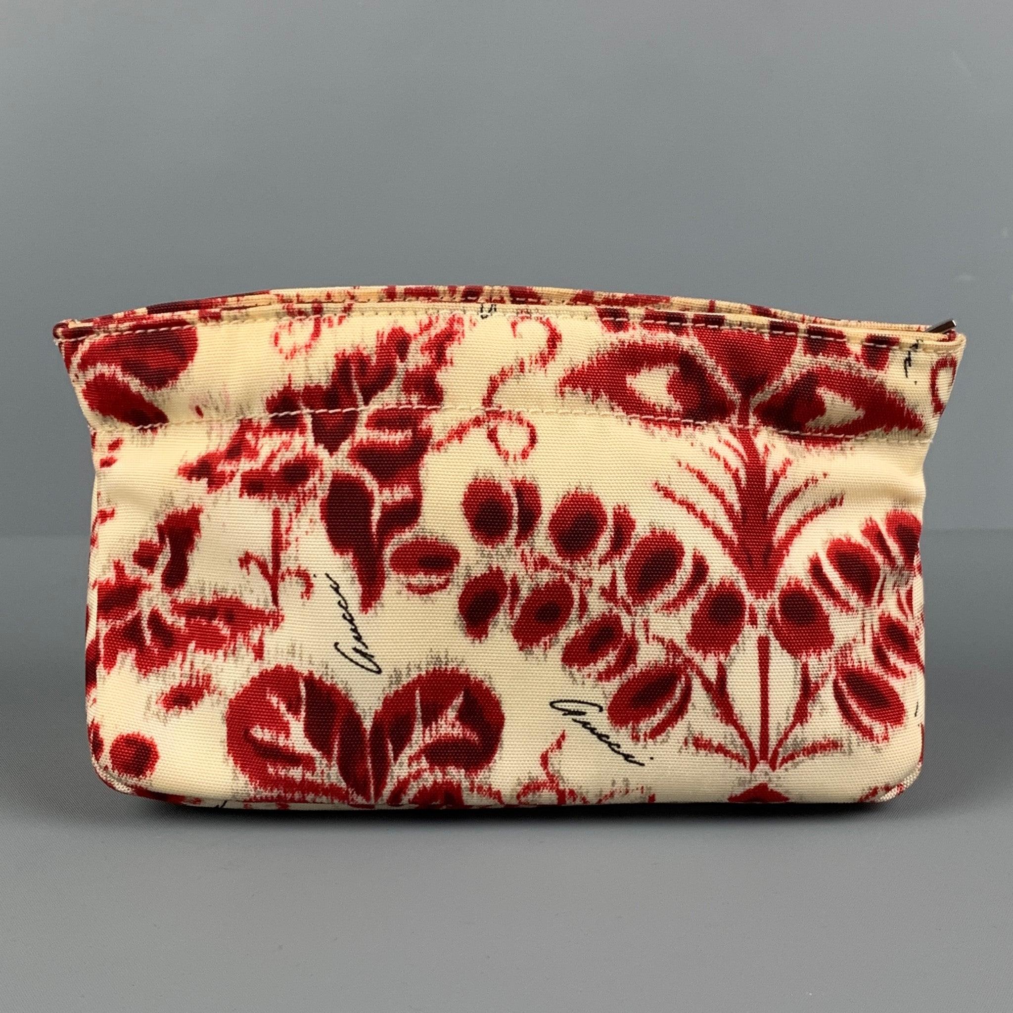 GUCCI by TOM FORD SS 2000 Red Beige Abstract Floral Canvas Toiletry Pouch Bag In Good Condition For Sale In San Francisco, CA