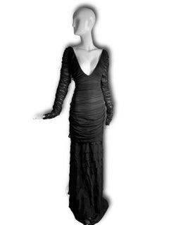 Gucci by Tom Ford SS 2003 Black Silk Ruched Evening Dress With Ruffled Skirt