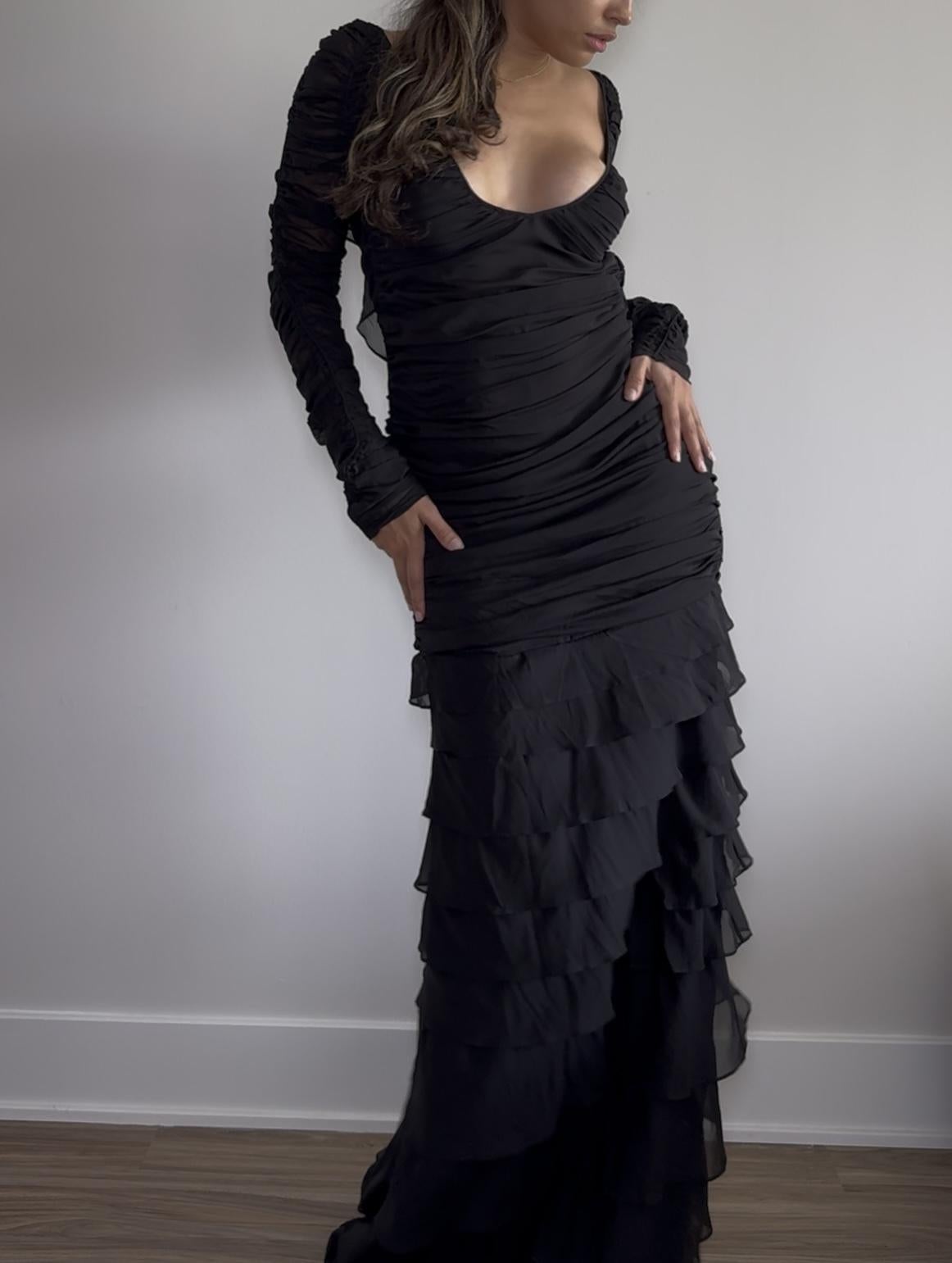 ワンピース GUCCI by TomFord ruffled superlong dress Gucci by Tom Ford SS 2003 Black Silk Ruched Evening Dress With