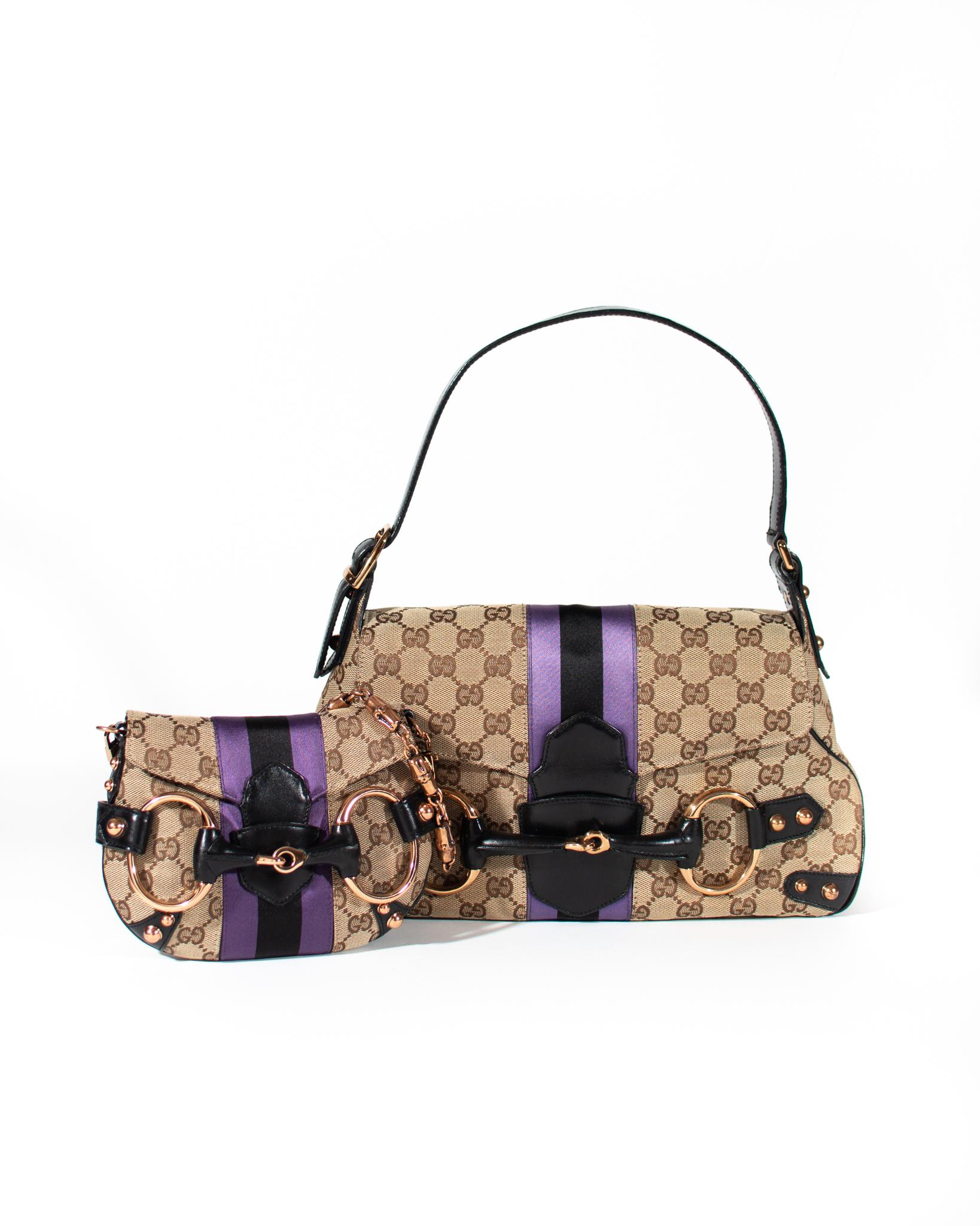 Beige P/E 2004 Gucci by Tom Ford Tan GG Horsebit Mini Evening Bag Purple Satin Stripe