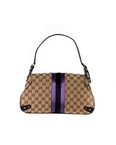 S/S 2004 Gucci by Tom Ford Tan 'GG' Horsebit Shoulder Bag Purple Satin Stripe