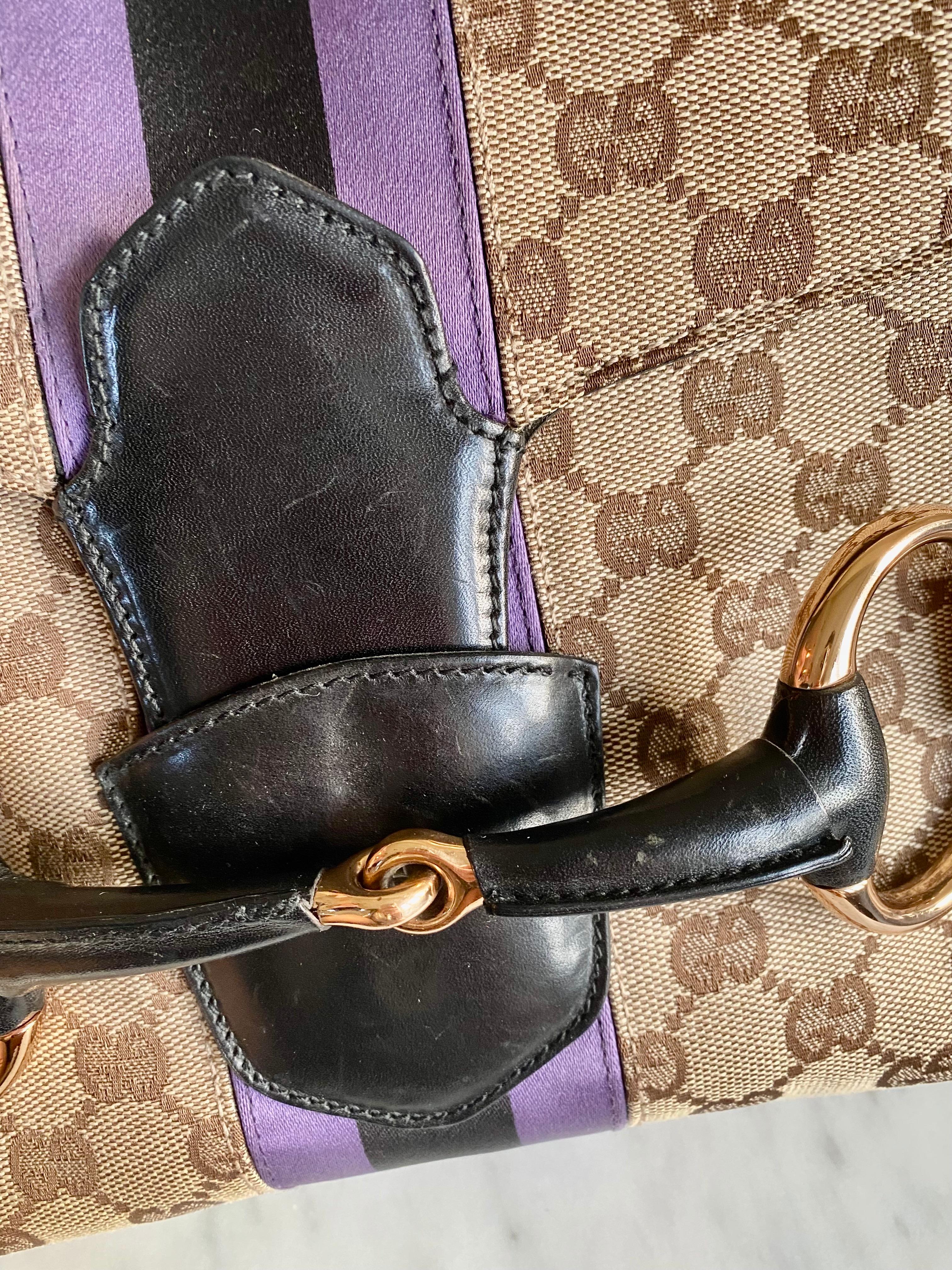S/S 2004 Gucci by Tom Ford Tan GG Horsebit Shoulder Bag with Purple Satin Stripe In Good Condition In West Hollywood, CA
