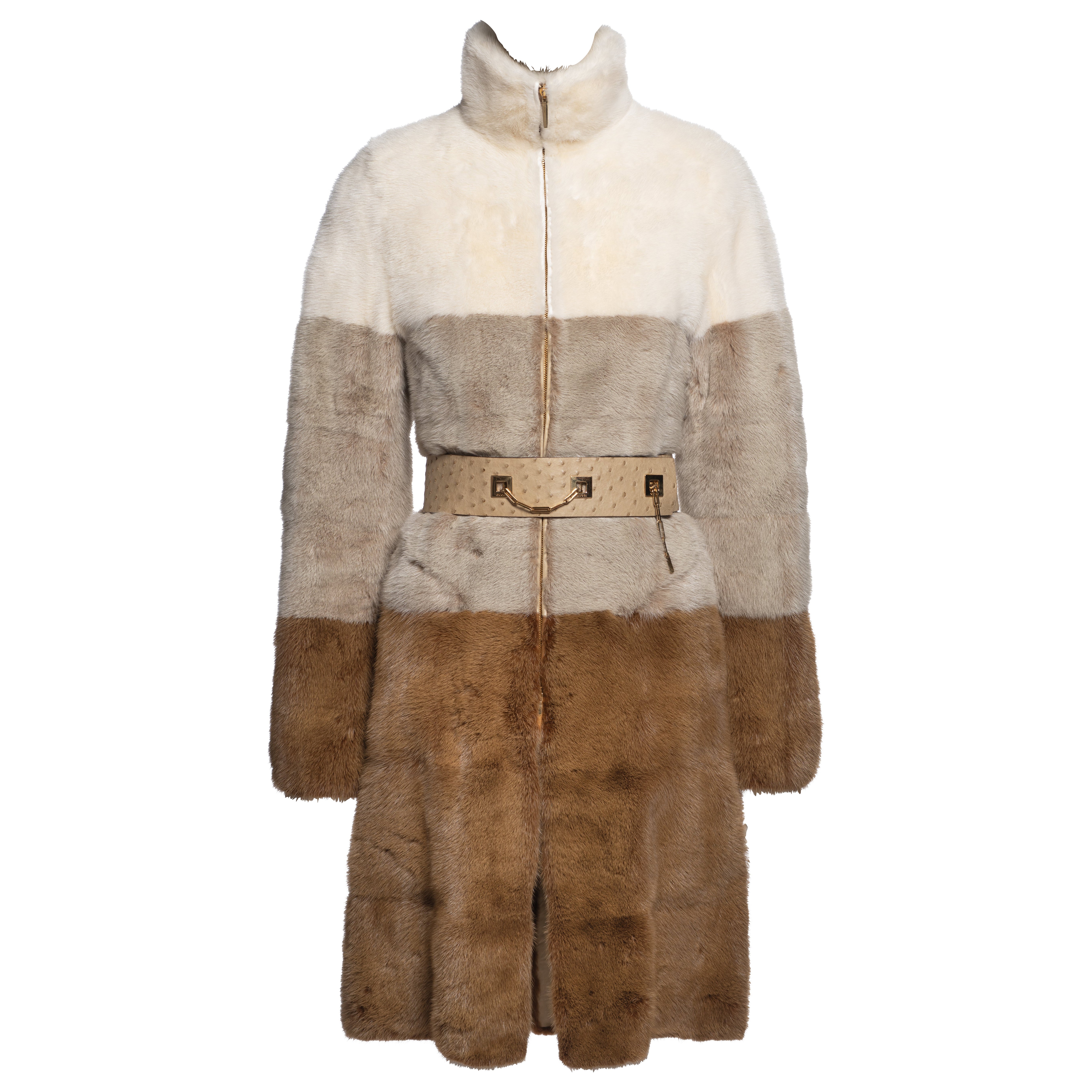 Gucci by Tom Ford Tricolour Mink Fur Coat and Ostrich Leather Belt, FW 2000 im Angebot