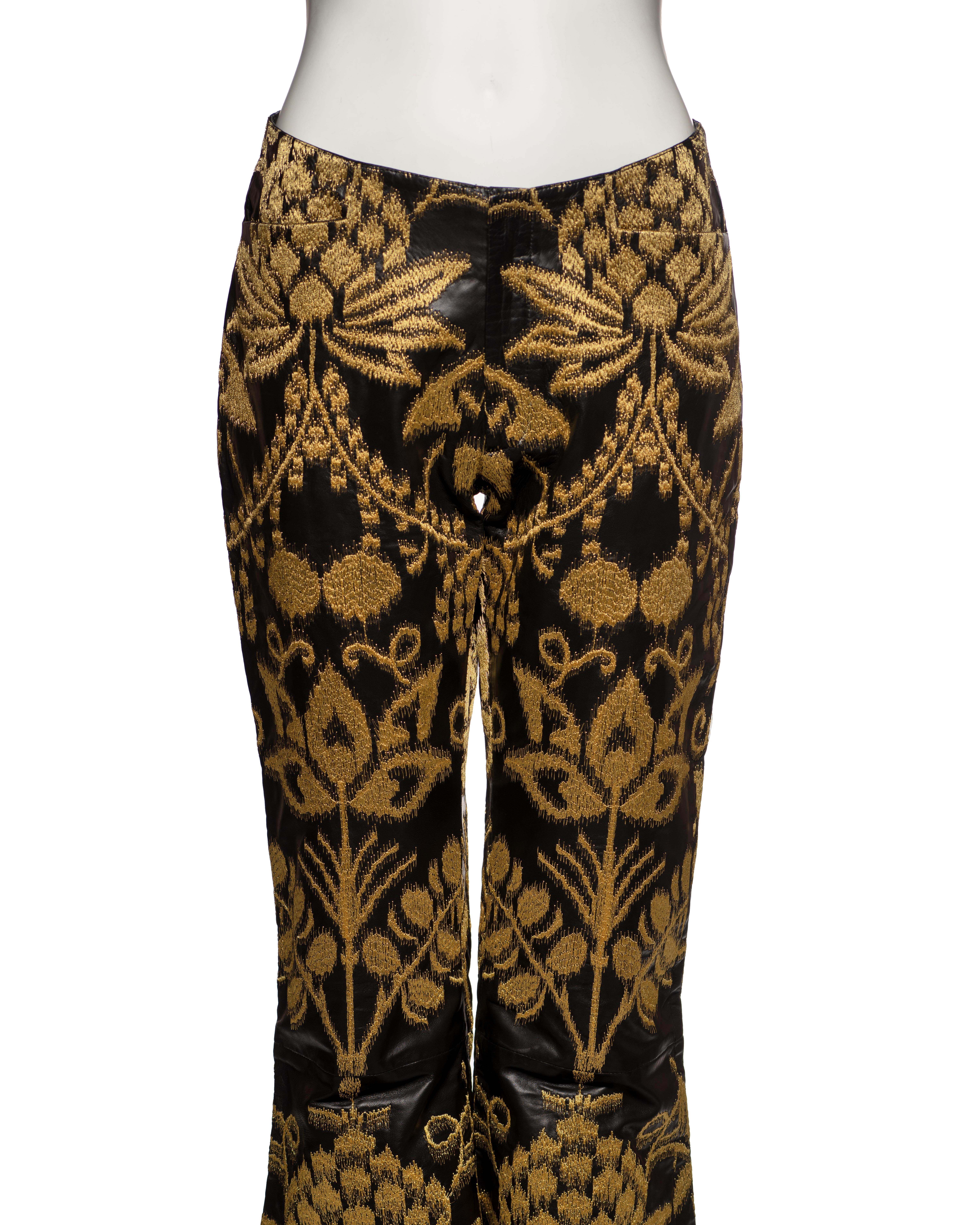 Brown Gucci by Tom Ford Unisex Black and Gold Brocade Leather Trousers, SS 2000 For Sale