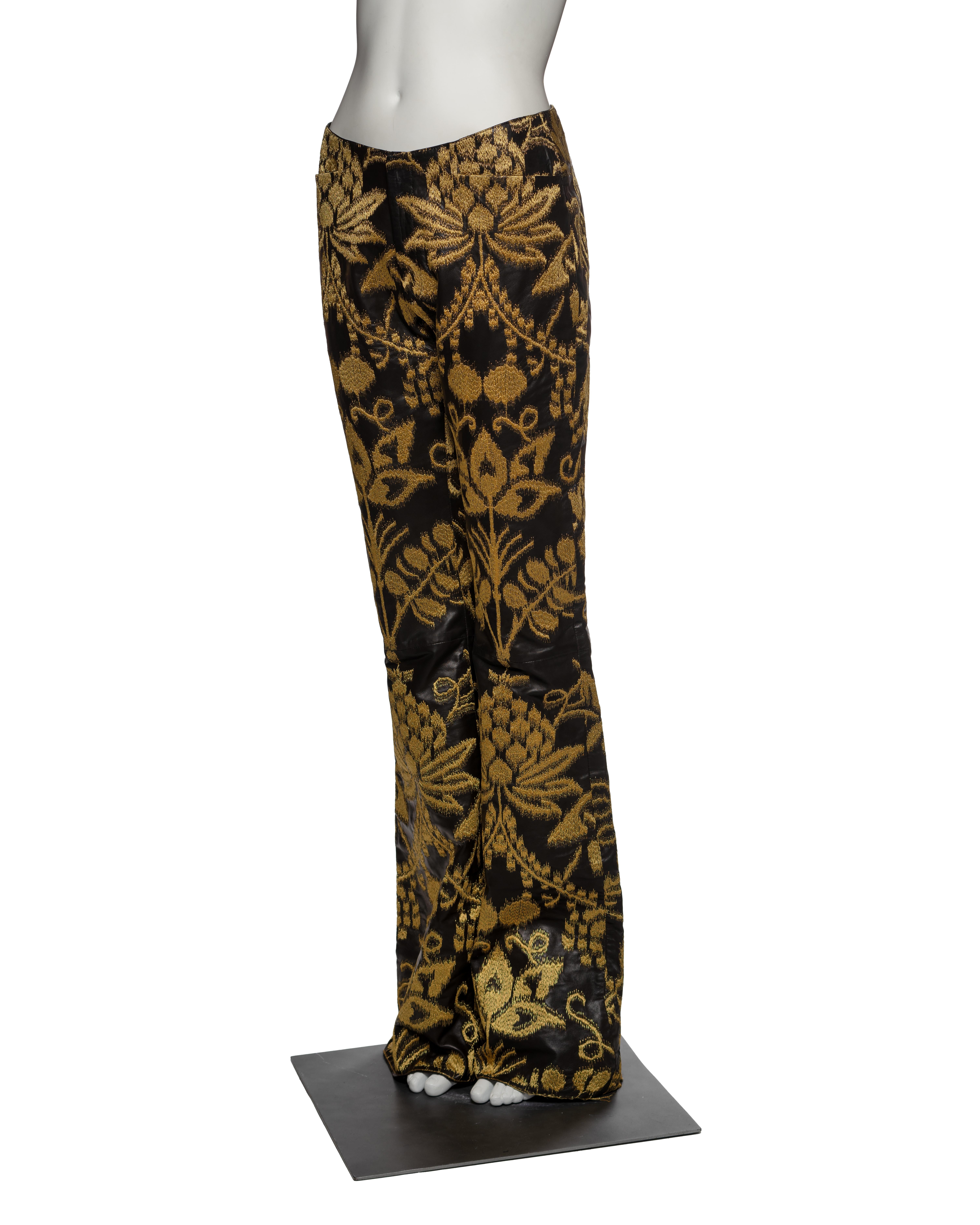 Gucci by Tom Ford Unisex Black and Gold Brocade Leather Trousers, SS 2000 For Sale 2