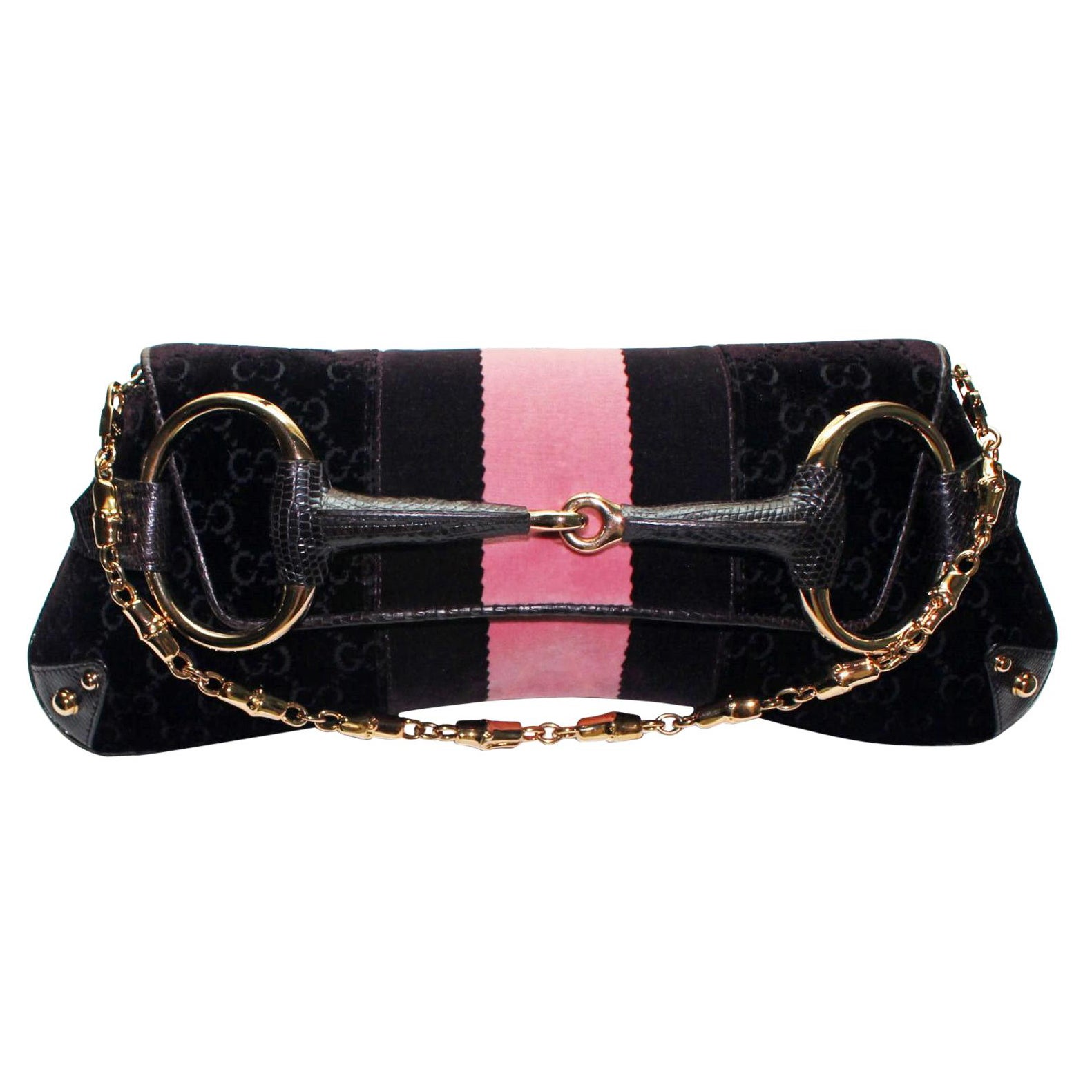 GUCCI by Tom Ford - Pochette XXL en velours avec mors en peau de lézard exotique et logo GG