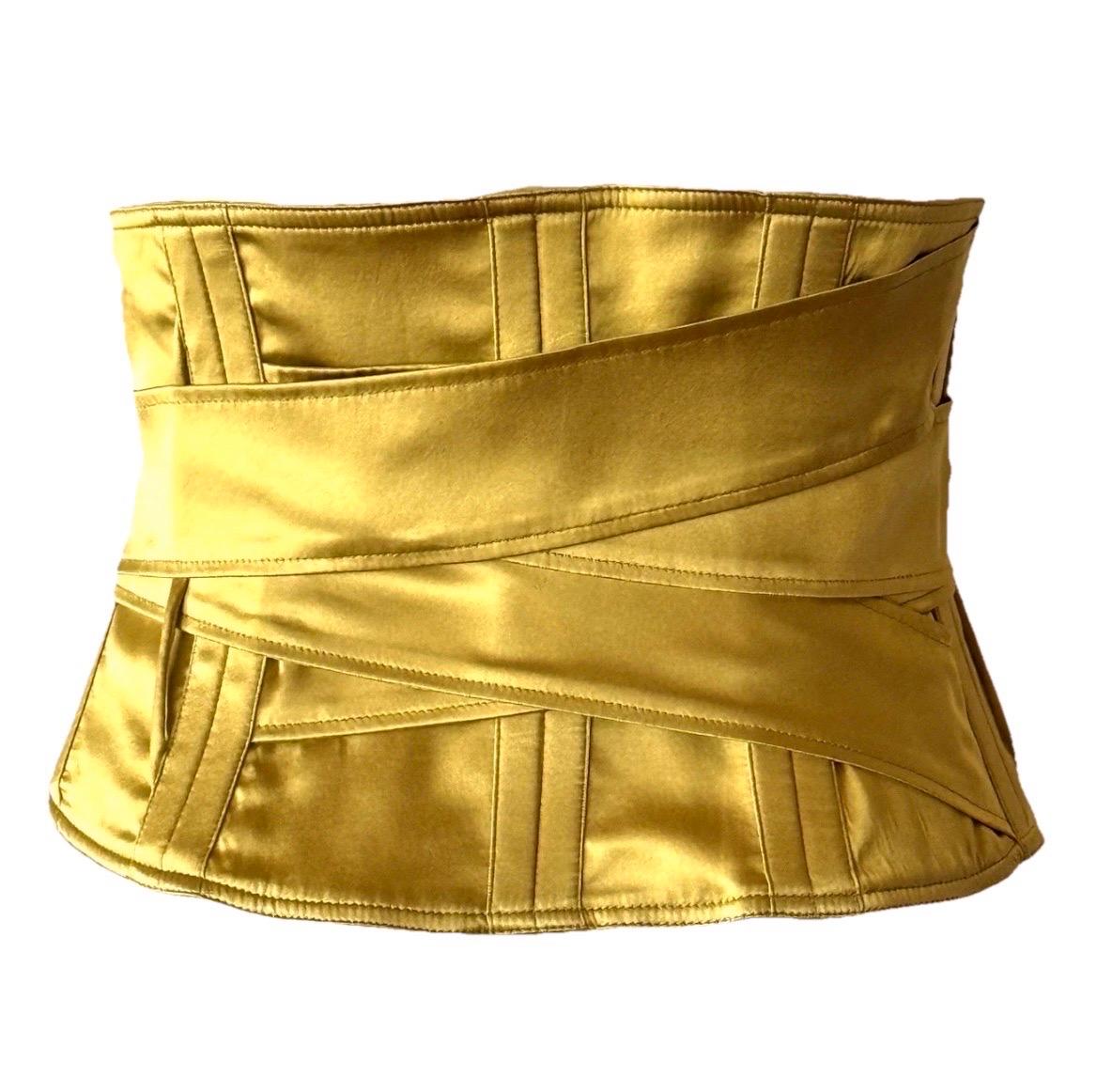 Brown GUCCI by TOM FORD Vintage Runway F/W 2003 Yellow Gold Silk Corset Belt For Sale