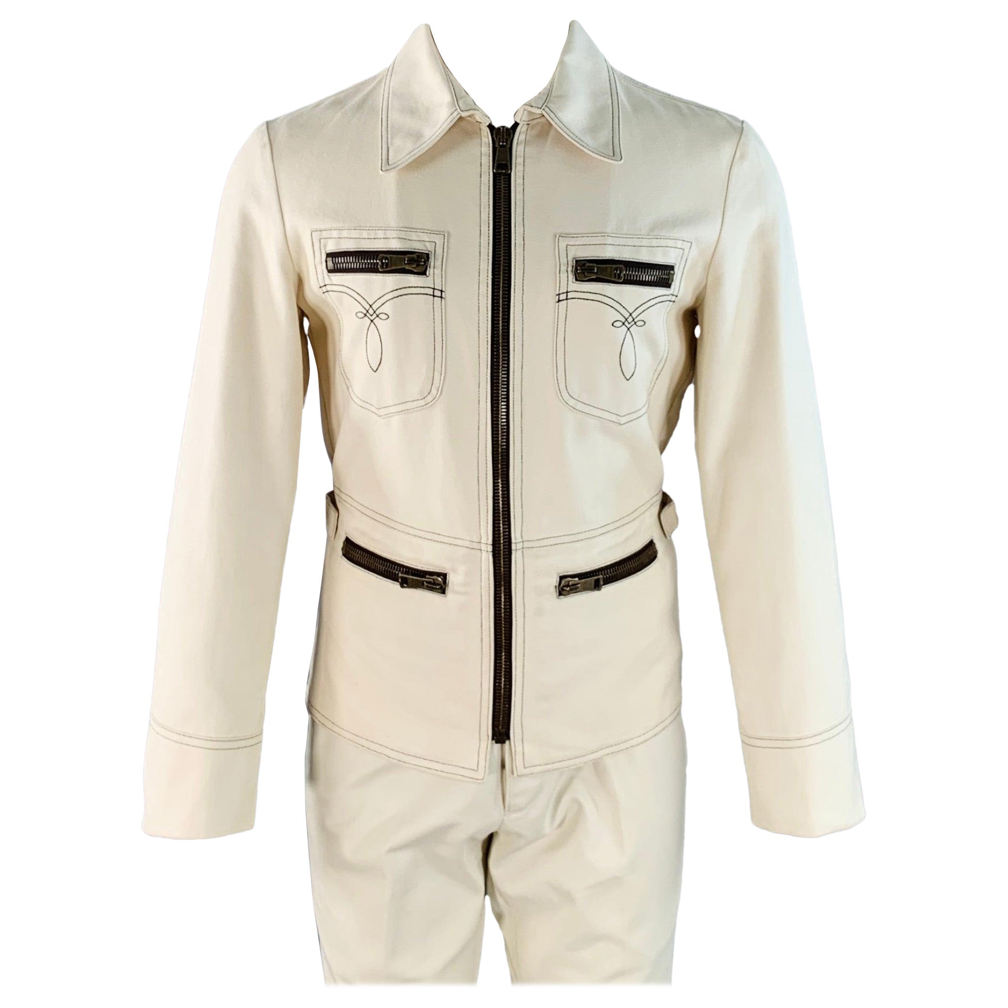 GUCCI by TOM FORD Vintage Talla 36 Crema Puntada de contraste Algodón Traje occidental con cremallera