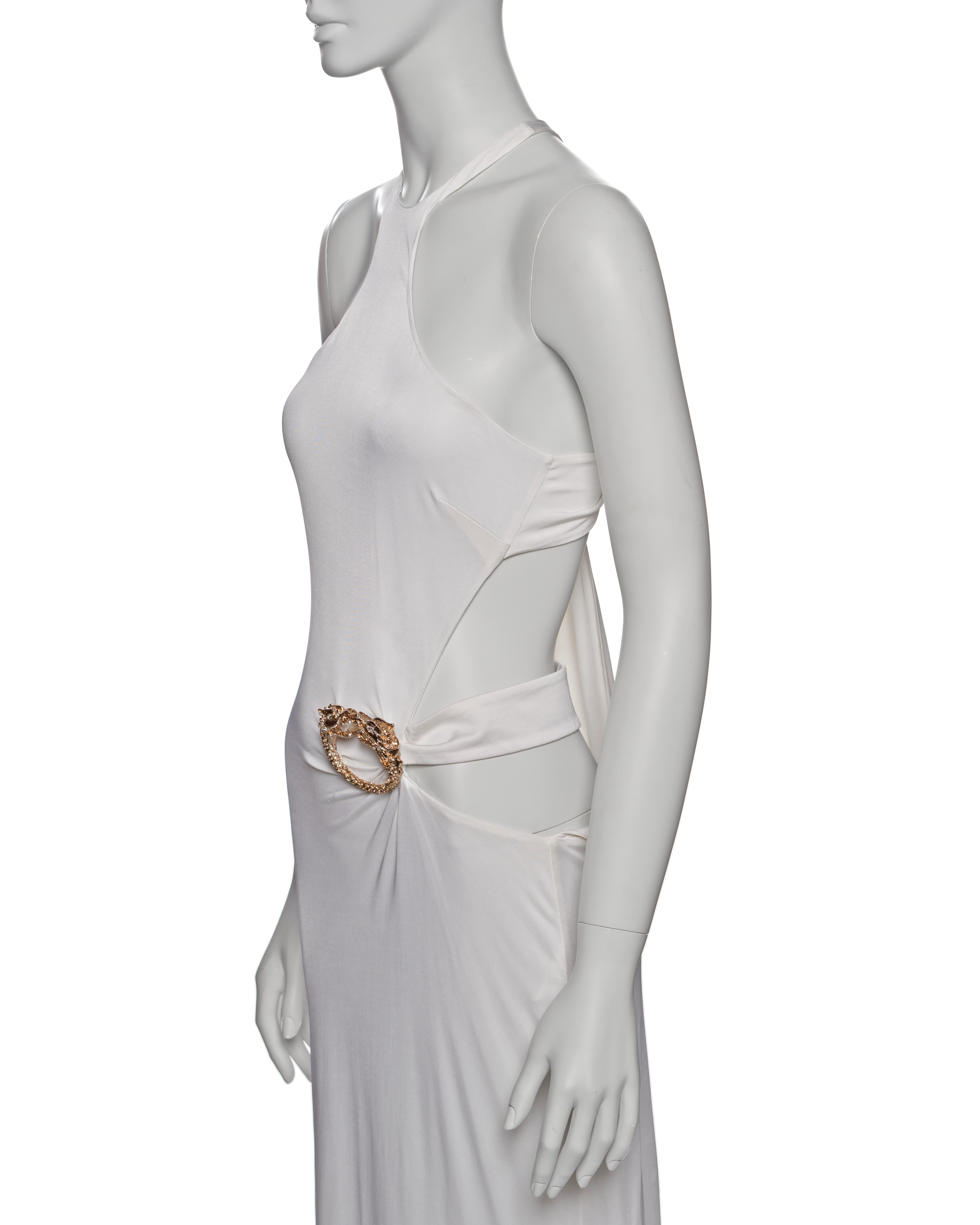 Gray Gucci by Tom Ford White Evening Dress with Gold Crystal Dragon Brooch, FW 2004 For Sale