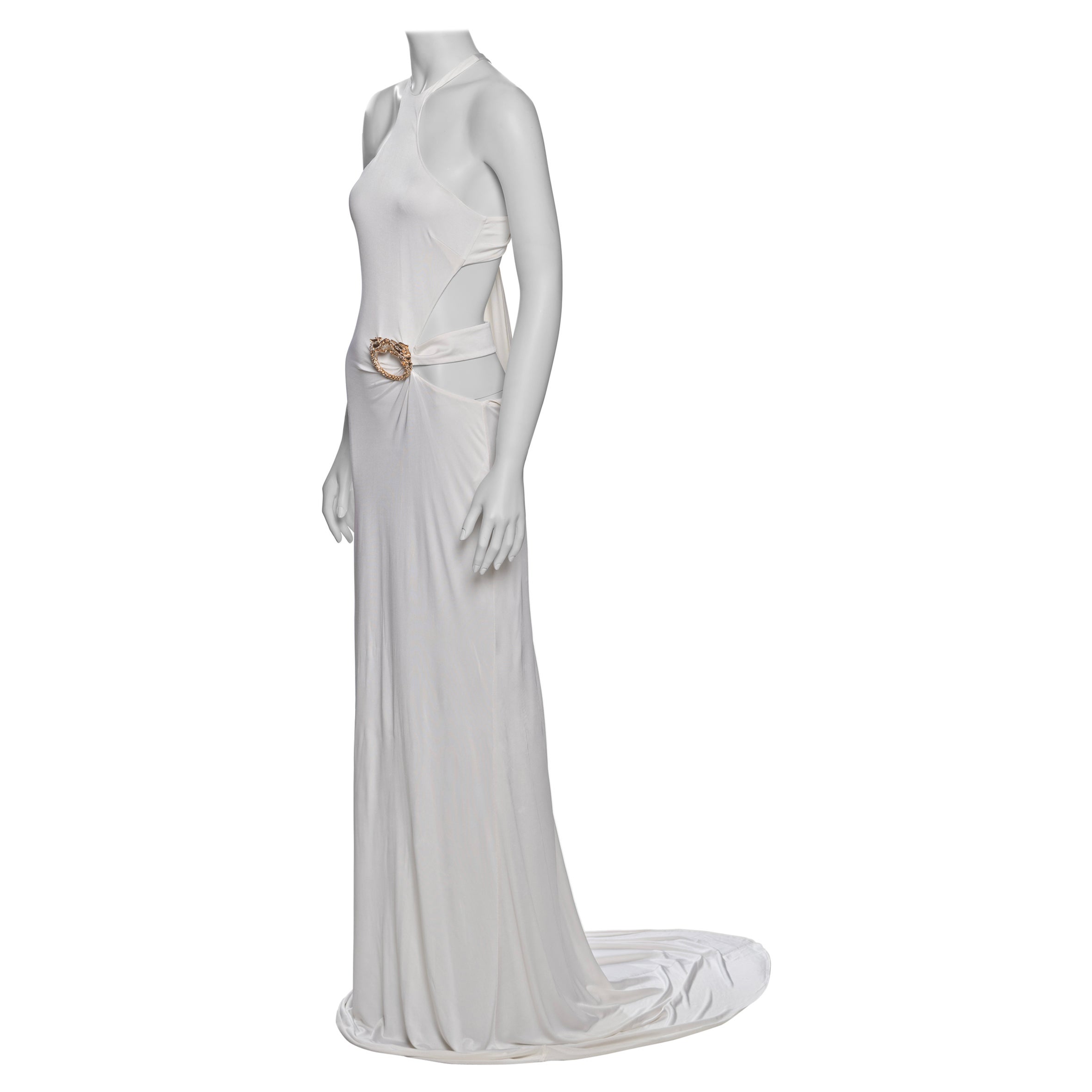 Gucci by Tom Ford White Evening Dress with Gold Crystal Dragon Brooch, FW 2004 For Sale