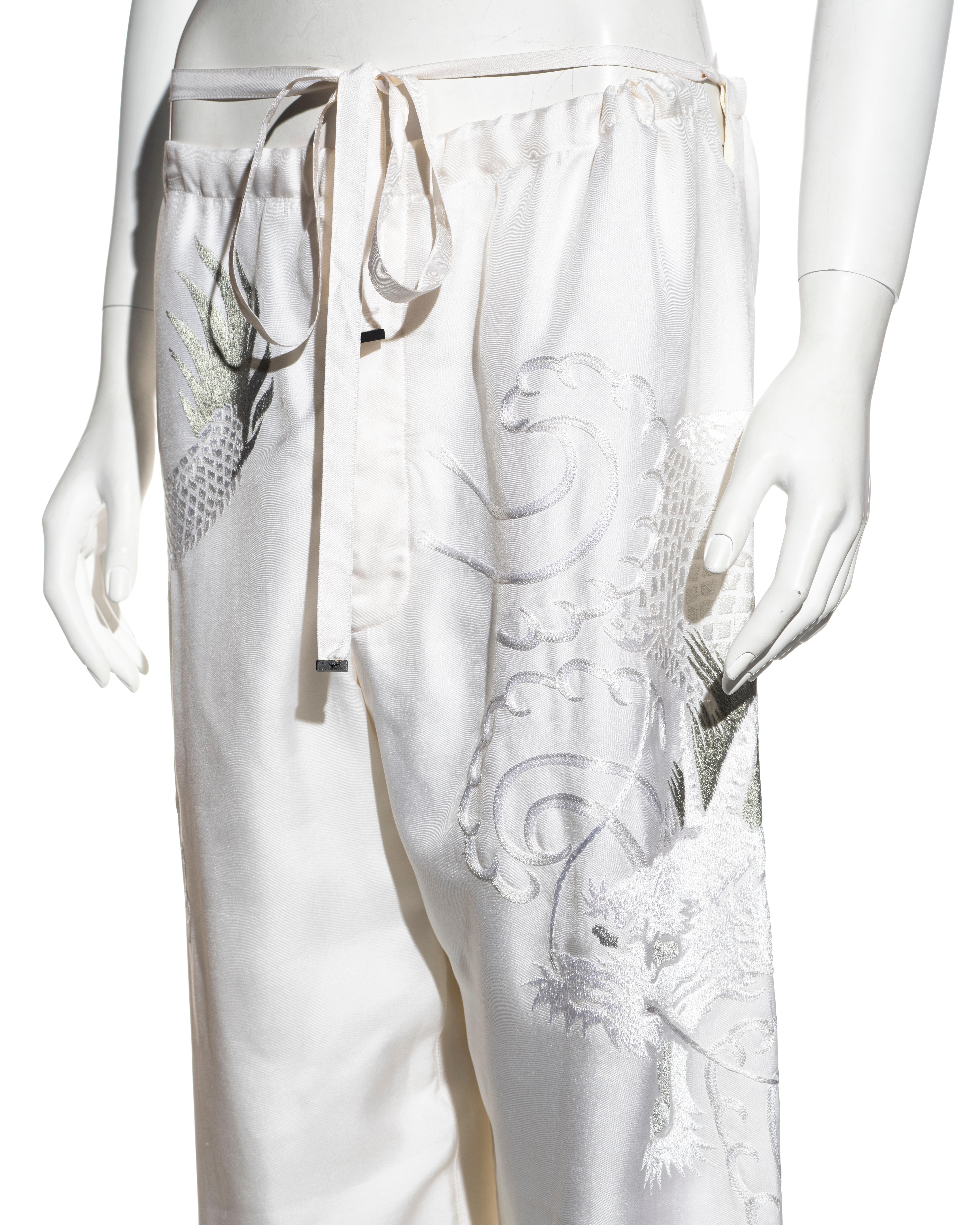 Gray Gucci by Tom Ford white silk drawstring pants with embroidery, ss 2001