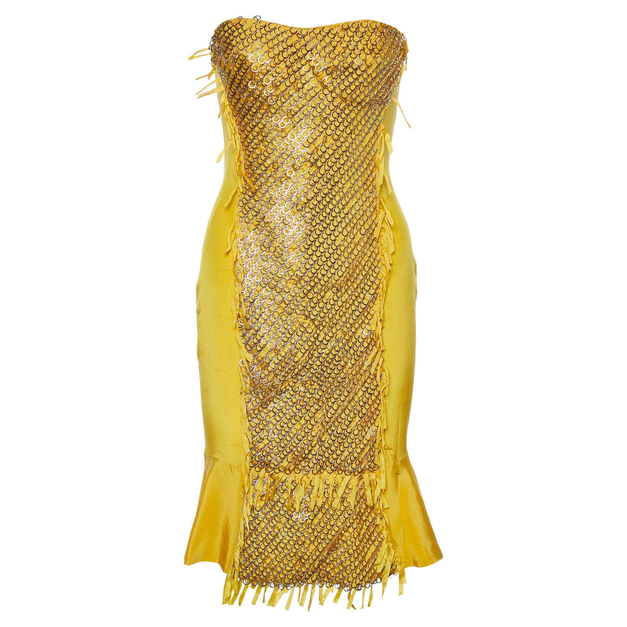 Gucci by Tom Ford Yellow Silk Embellished Strapless Mini Dress M For Sale  at 1stDibs