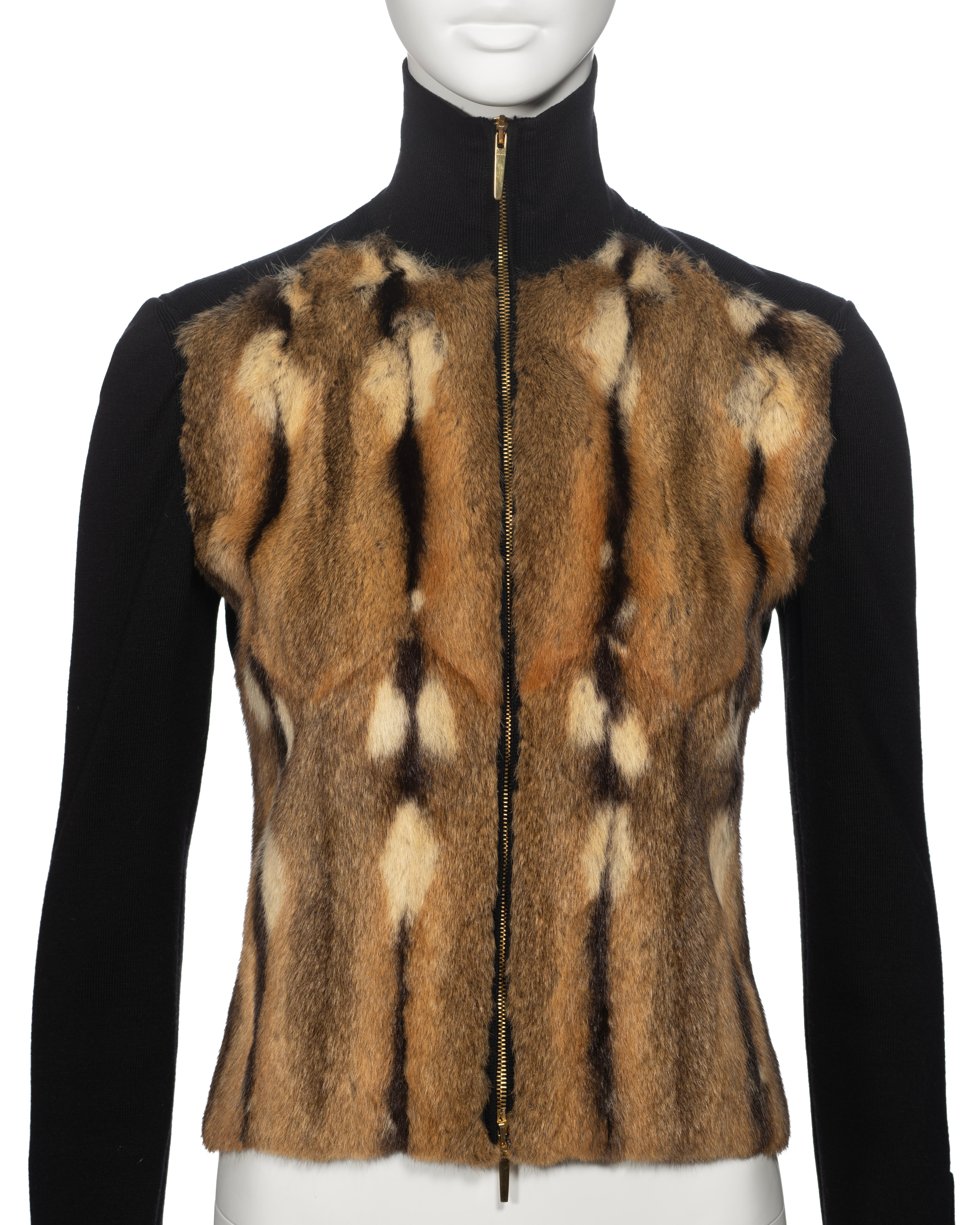 Gucci by Tom Ford Zip-Front Rib Knit and Fur Cardigan, fw 2000 In Excellent Condition For Sale In London, GB