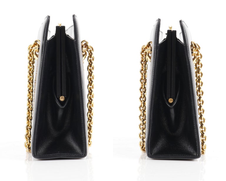 GUCCI c.1960’s Black Leather Gold Chain Link Push Lock Structured
