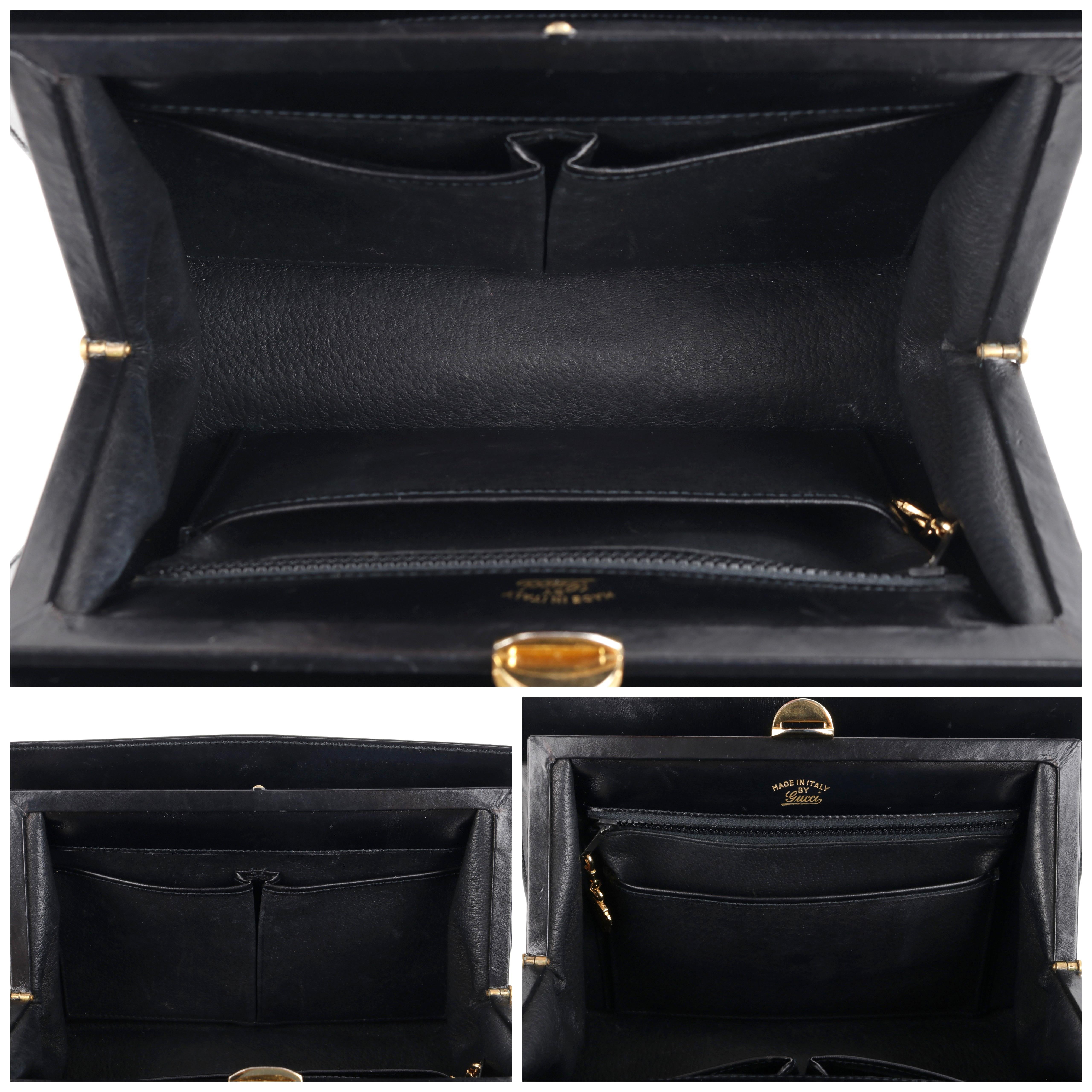 GUCCI c.1960’s Black Leather Gold Chain Link Push Lock Structured Handbag RARE 2