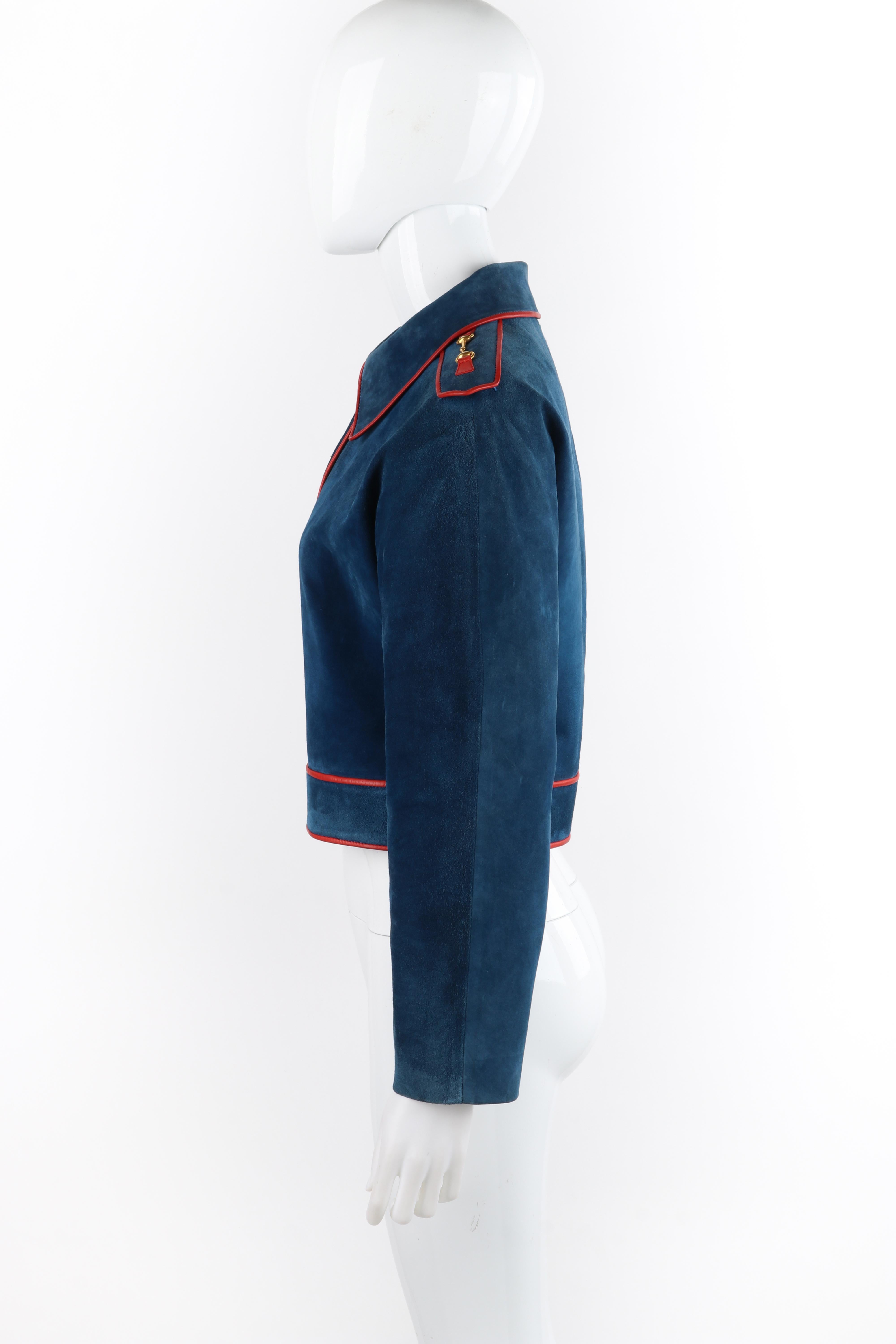 Black GUCCI c.1970s Blue Red Suede Leather Trim Horse Bit Button-Up Cropped Jacket For Sale