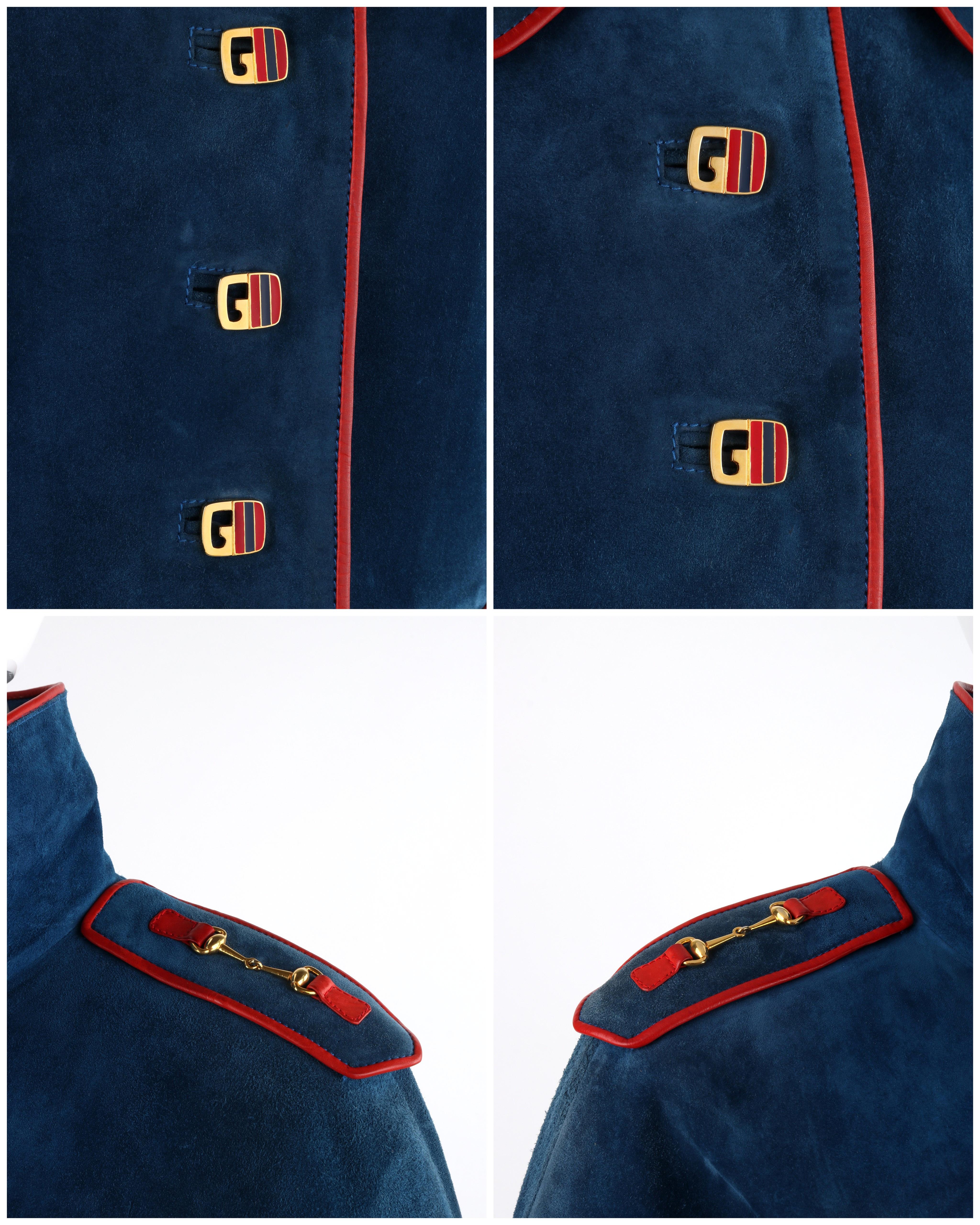 GUCCI c.1970s Veste courte boutonnée en daim bleu rouge avec bordure en cuir et mors de cheval en vente 3