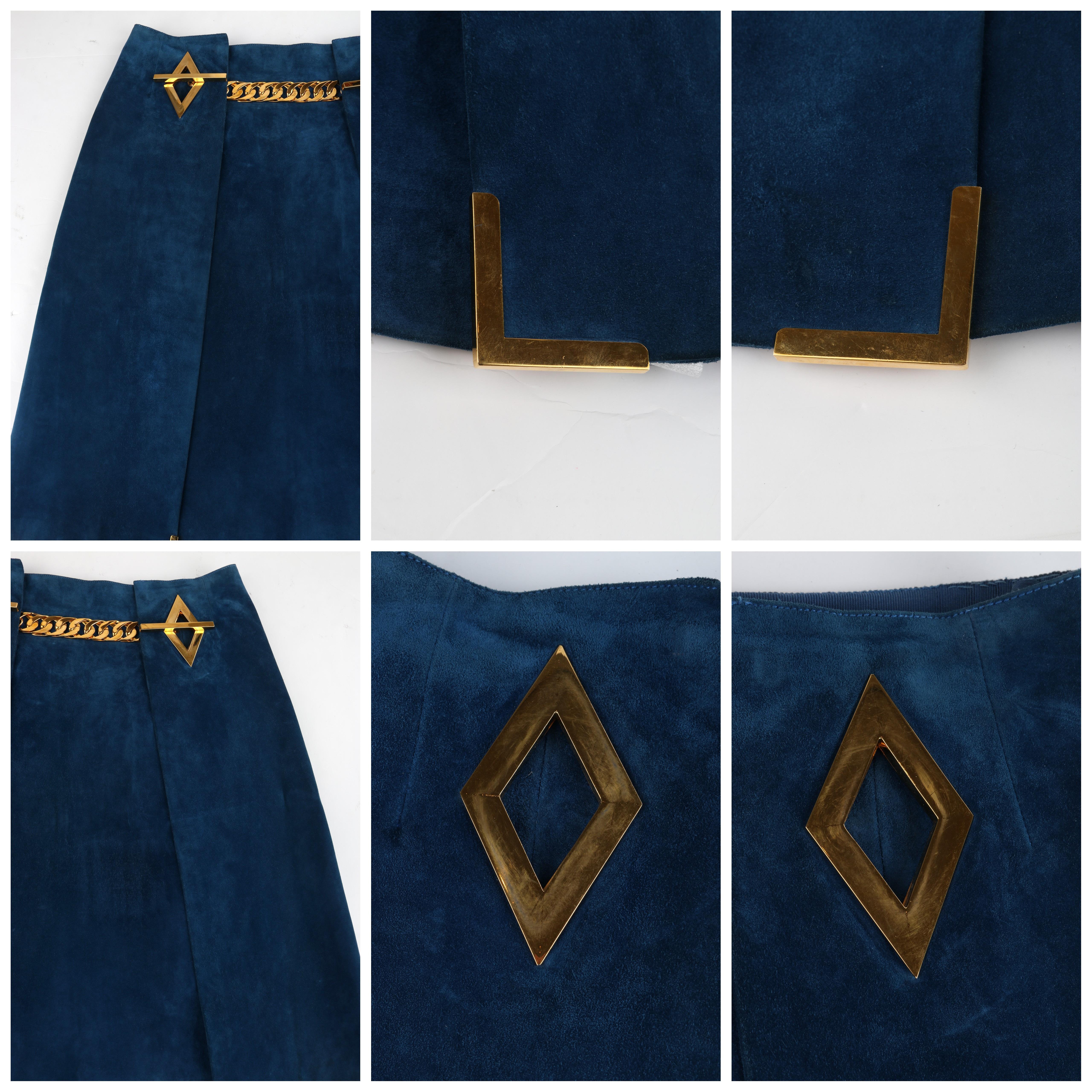 GUCCI c.1970's Dark Blue Suede Gold Chain Belt Pleated A-Line Knee Length Skirt For Sale 9