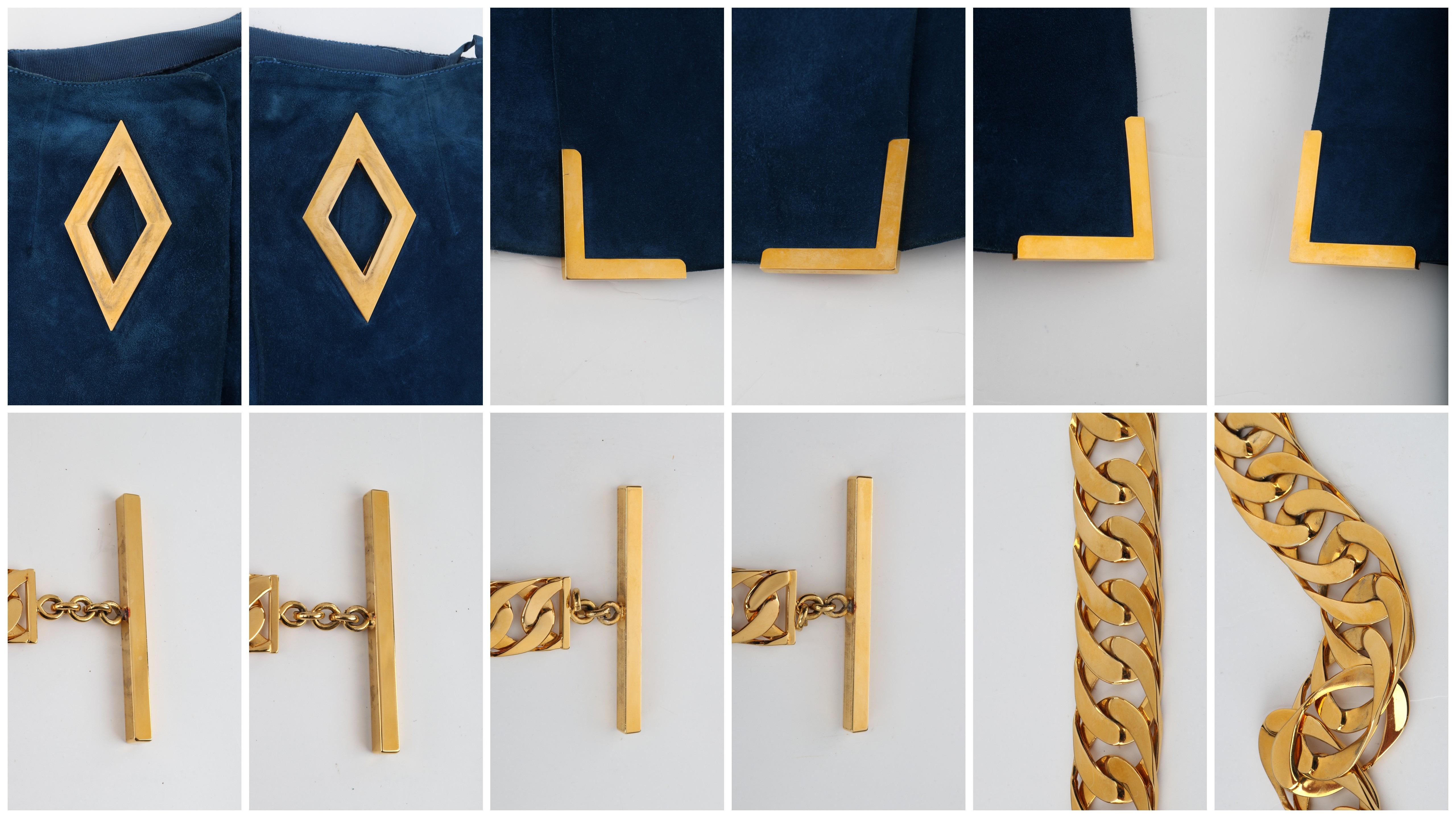 GUCCI c.1970's Dark Blue Suede Gold Chain Belt Pleated A-Line Knee Length Skirt For Sale 11