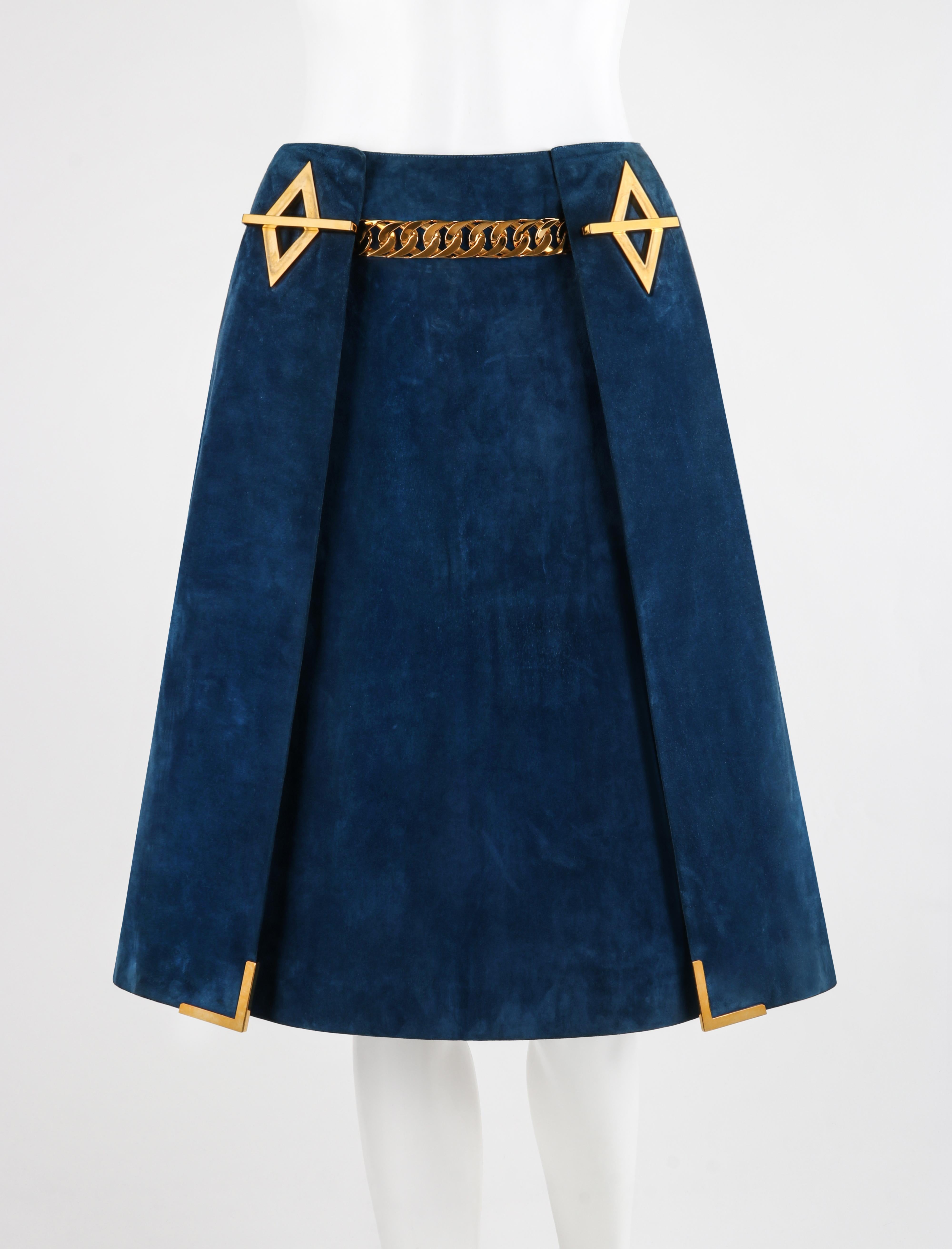 GUCCI c.1970's Dark Blue Suede Gold Chain Belt Pleated A-Line Knee Length Skirt RARE

Brand / Manufacturer: Gucci
Circa: 1970's
Style: A Line Skirt
Color(s): Blue, Gold
Lined: Yes
Unmarked Fabric (feel of): Suede (exterior), Acetate