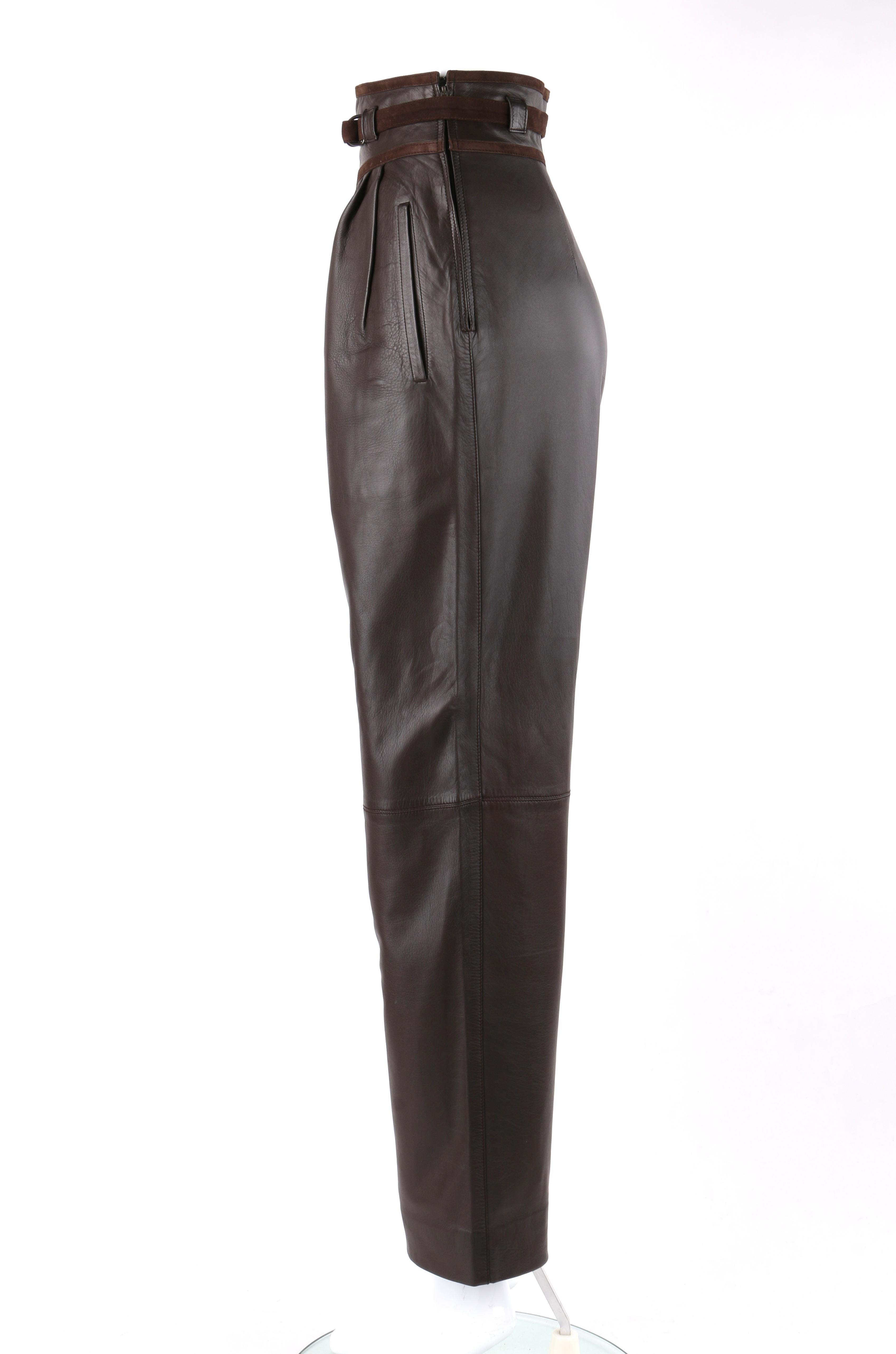 GUCCI c.1970’s Dark Brown Leather High Waisted Tapered Trouser Pants In Good Condition In Thiensville, WI