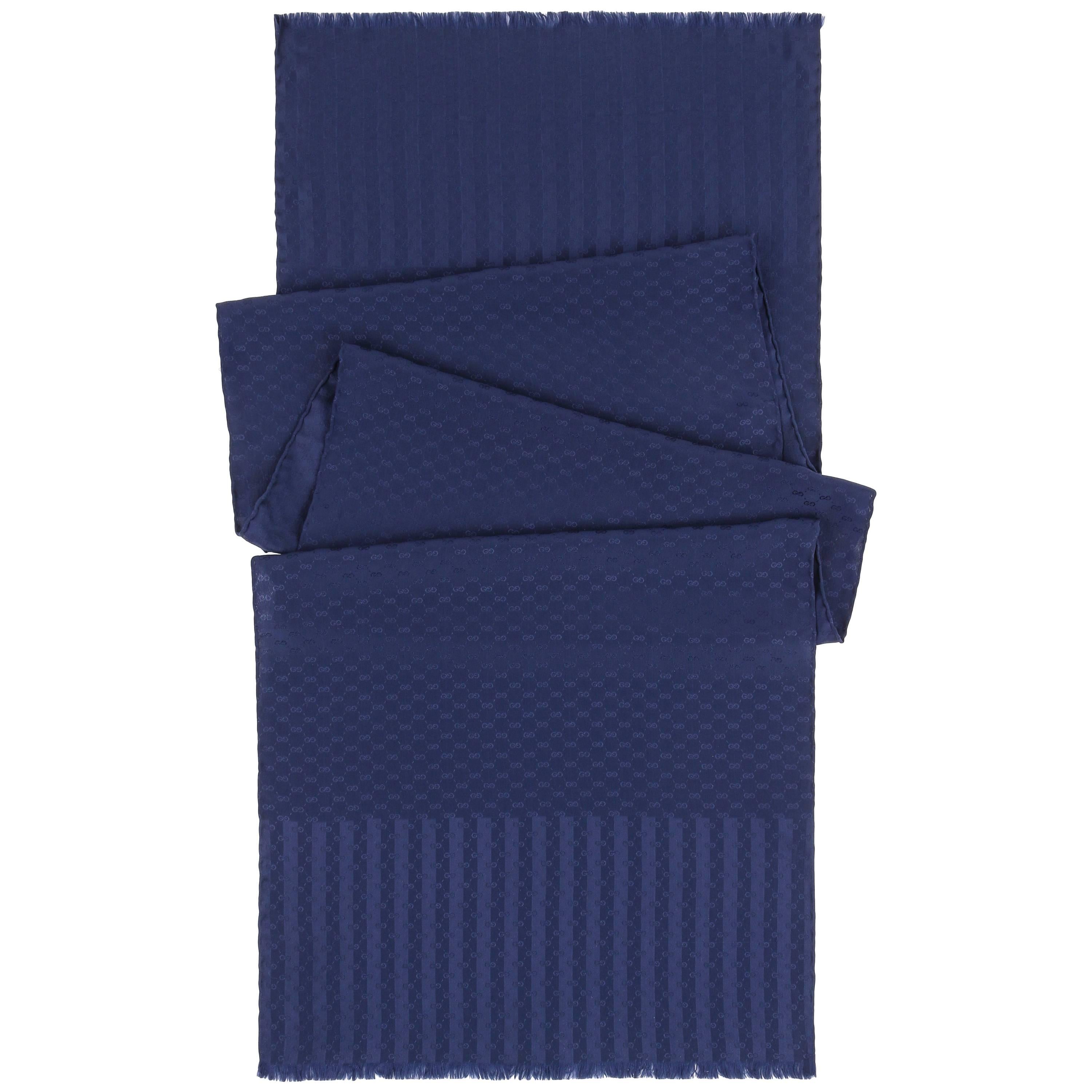 GUCCI ca. 1970''s Marineblauer GG Guccissima Monogramm Seiden-Wickelschal mit länglichen Fransen