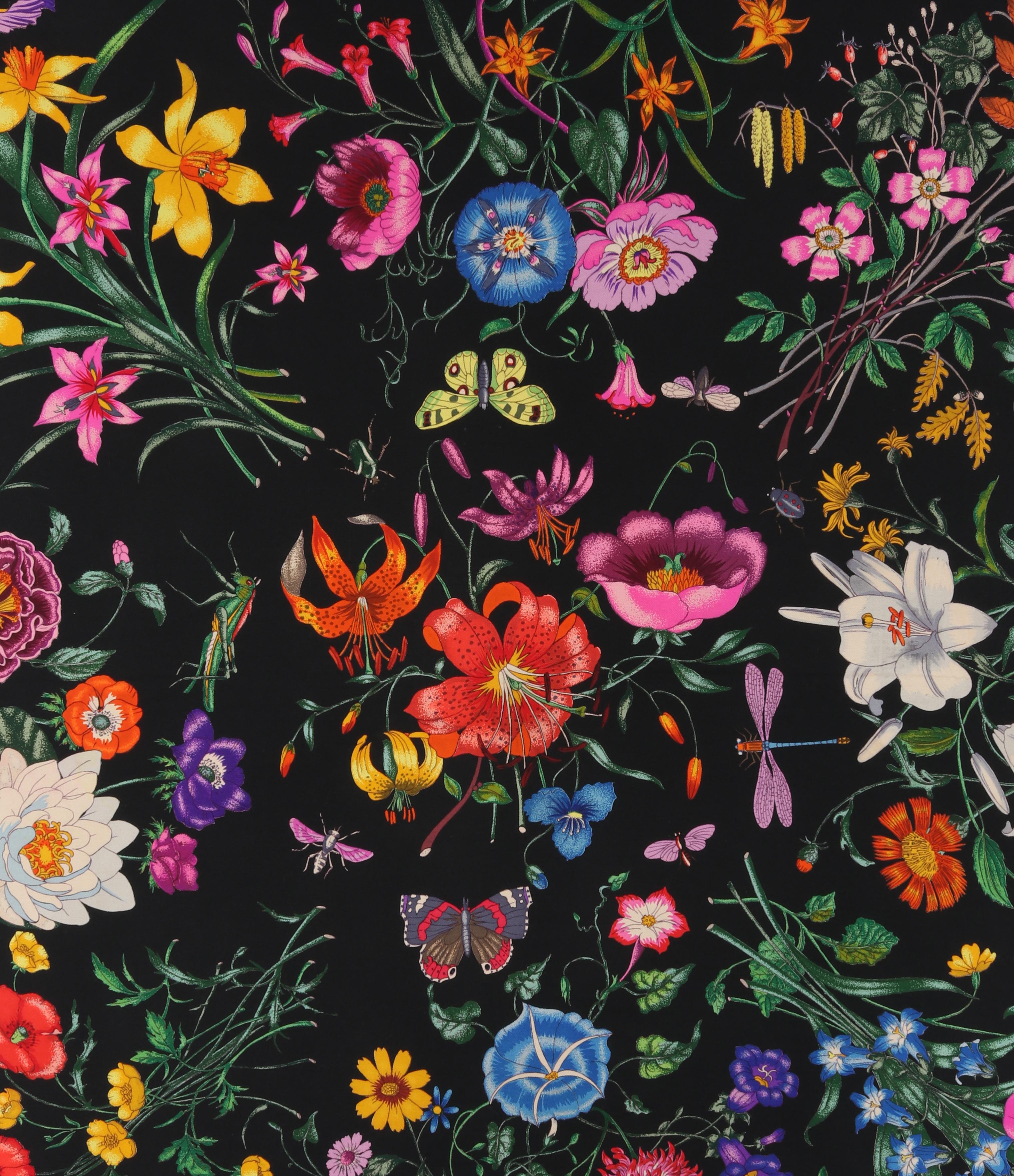 GUCCI c.1970’s Vittorio Accornero “Flora” Black Floral Silk Square ...