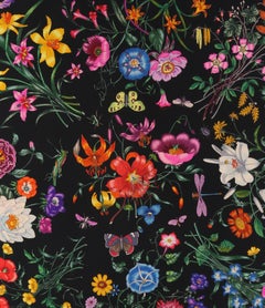 GUCCI ca. 1970er Vittorio Accornero "Flora" Quadratischer Schal aus schwarzer geblümter Seide