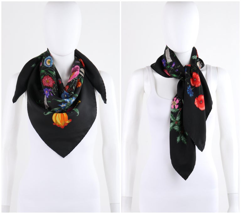 Women's GUCCI c.1970’s Vittorio Accornero “Flora” Black Floral Silk Square Scarf For Sale