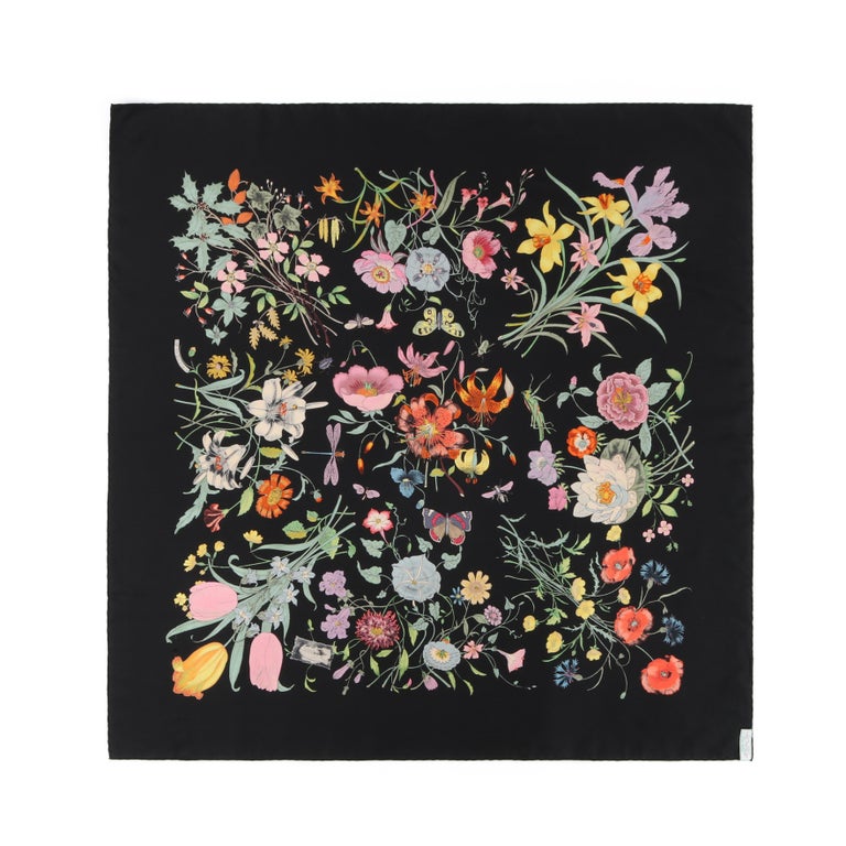 GUCCI c.1970’s Vittorio Accornero “Flora” Black Floral Silk Square Scarf For Sale 1