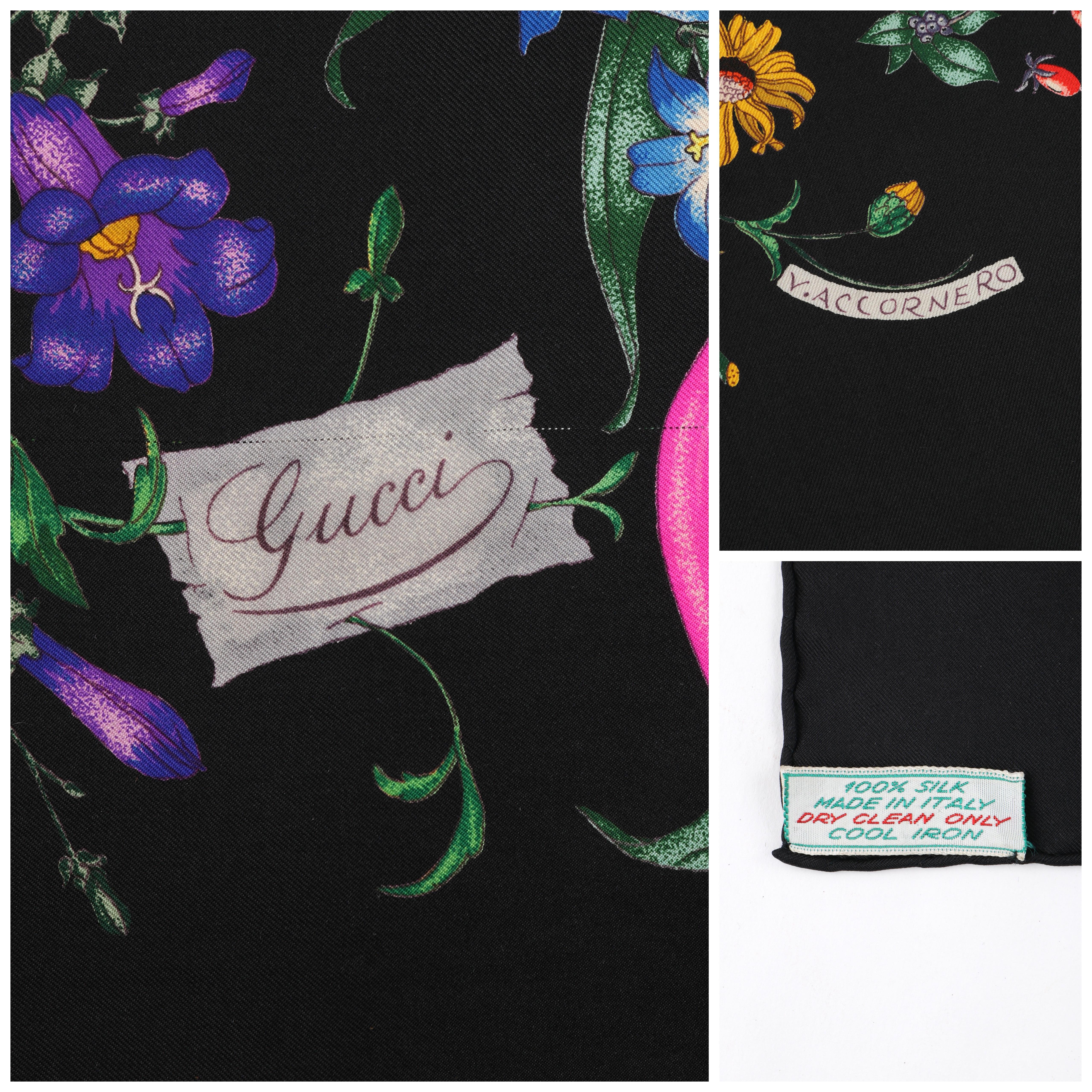 GUCCI c.1970’s Vittorio Accornero “Flora” Black Floral Silk Square Scarf In Good Condition In Thiensville, WI