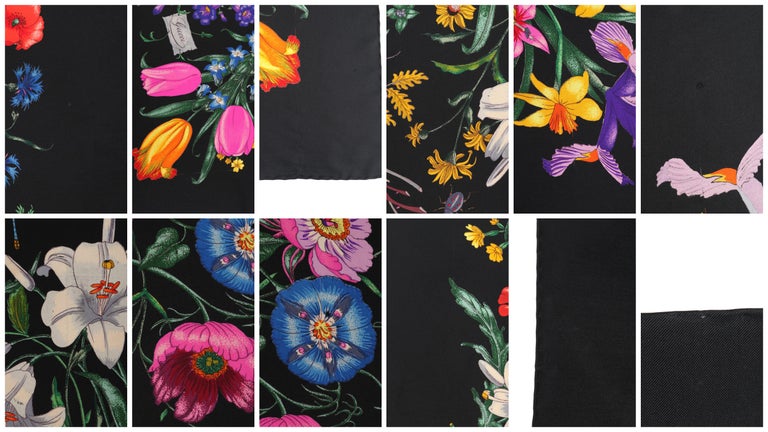 GUCCI c.1970’s Vittorio Accornero “Flora” Black Floral Silk Square Scarf For Sale 3