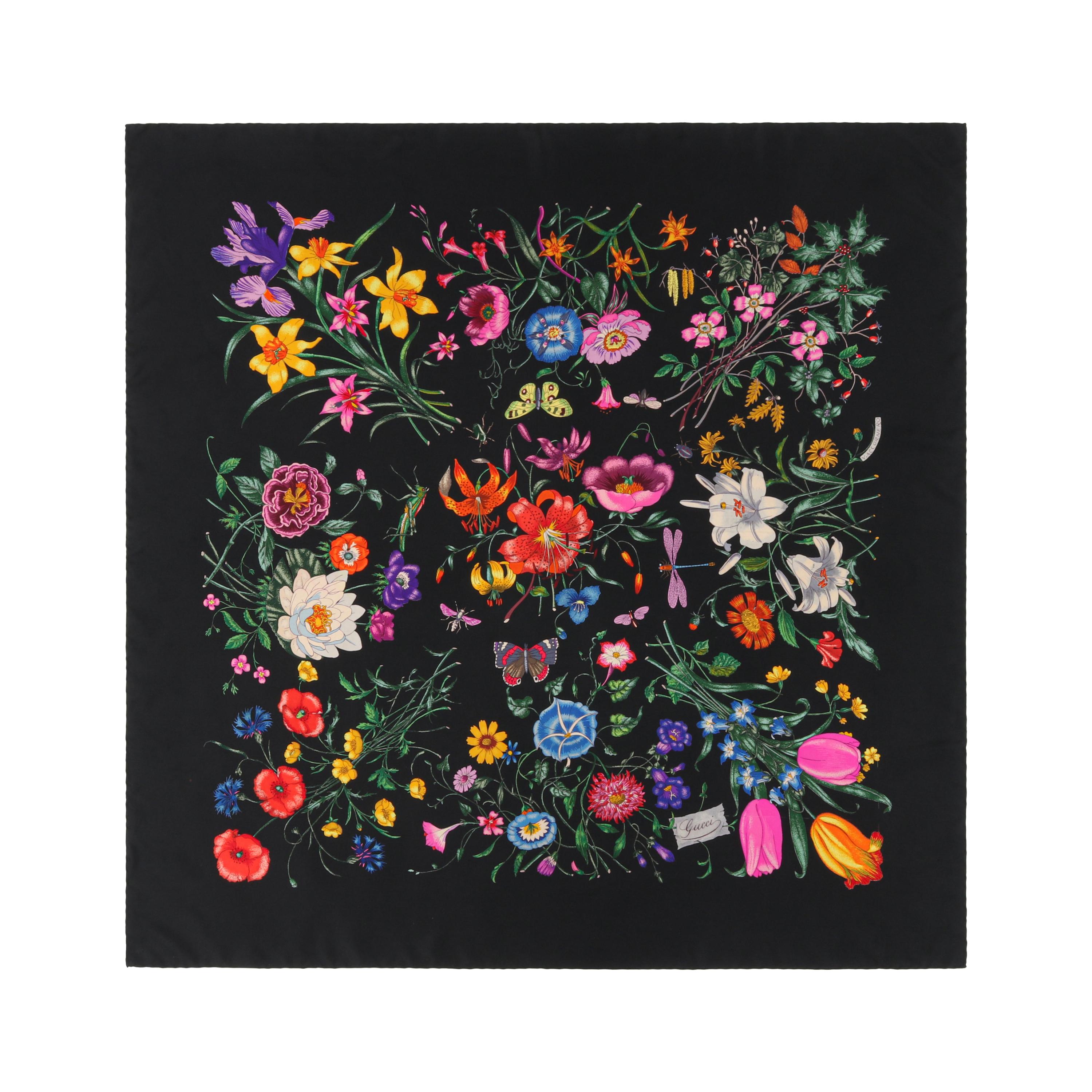 GUCCI c.1970’s Vittorio Accornero “Flora” Black Floral Silk Square Scarf
