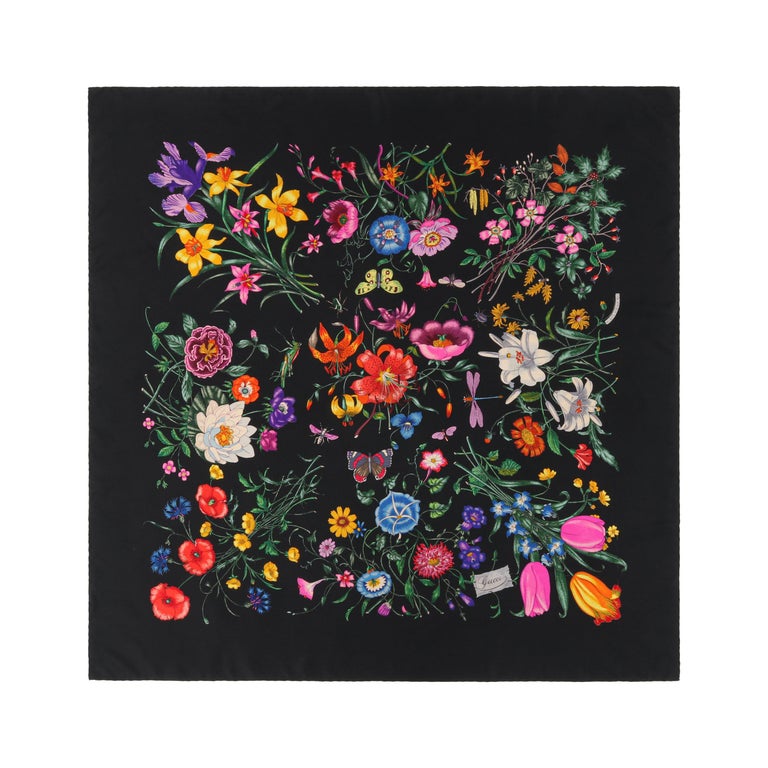 GUCCI c.1970’s Vittorio Accornero “Flora” Black Floral Silk Square Scarf For Sale