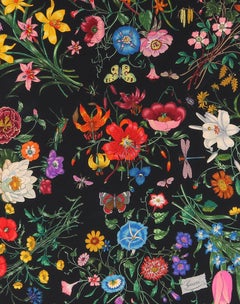 GUCCI c.1970's Vittorio Accornero "Flora" Pañuelo de Seda Floral Multicolor Negro
