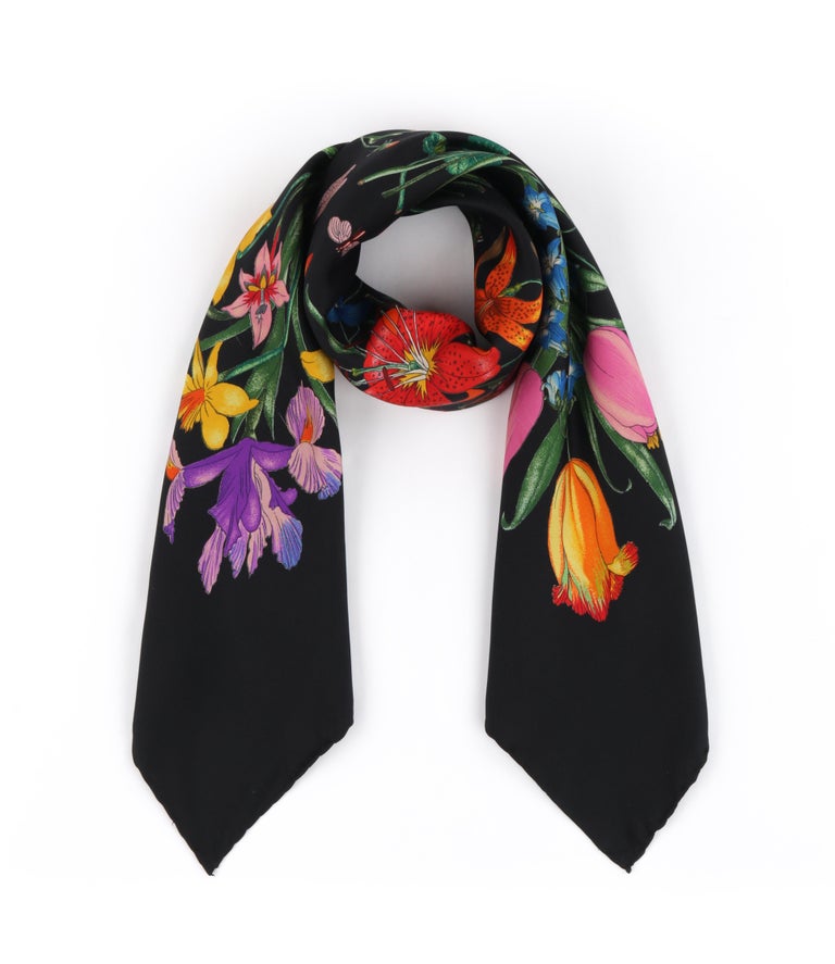 GUCCI c.1970’s Vittorio Accornero “Flora” Black Multicolor Floral Silk Scarf In Good Condition For Sale In Thiensville, WI