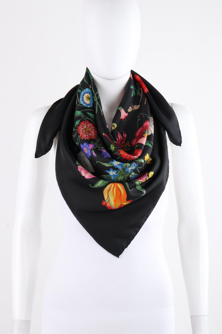 Women's GUCCI c.1970’s Vittorio Accornero “Flora” Black Multicolor Floral Silk Scarf For Sale