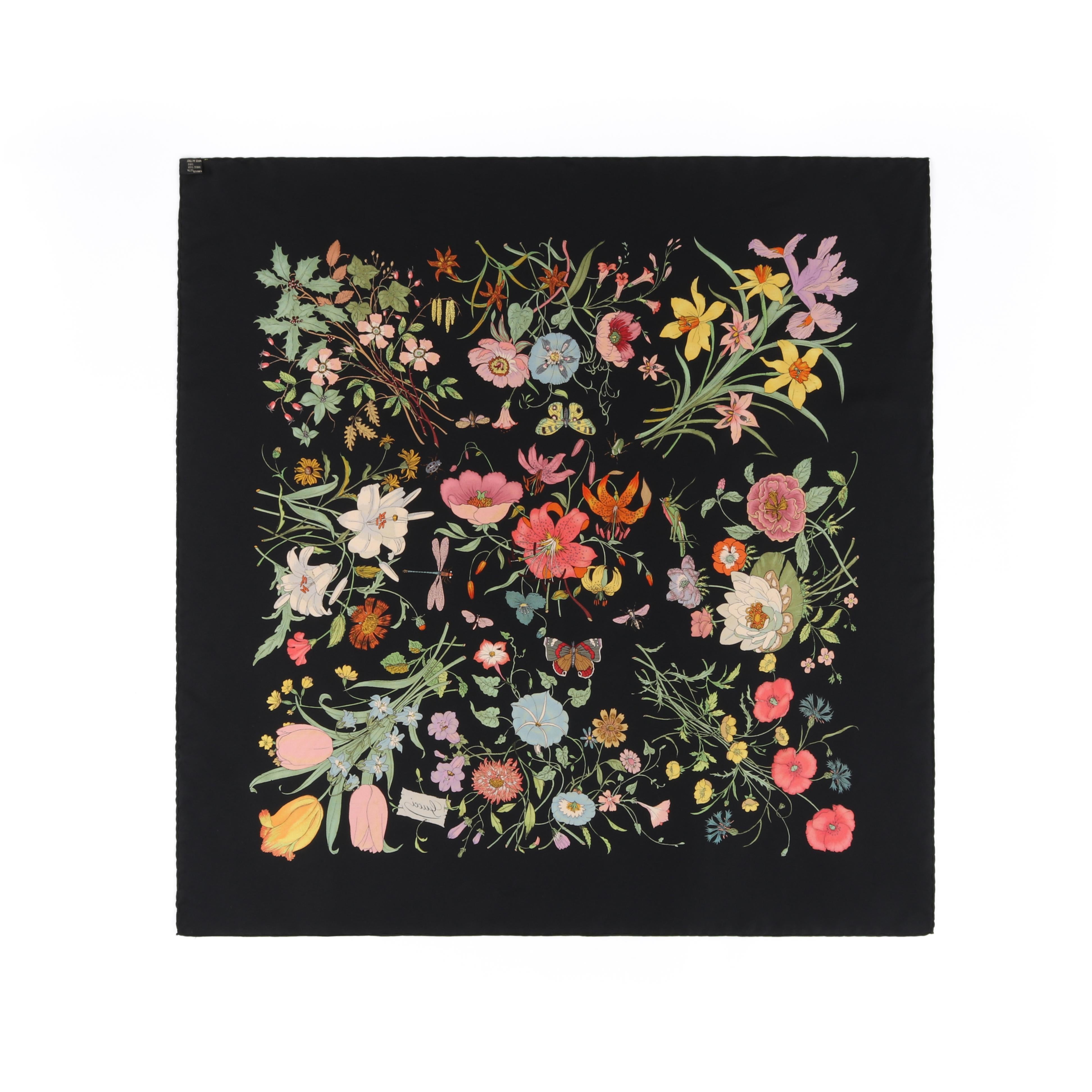 GUCCI c.1970’s Vittorio Accornero “Flora” Black Multicolor Floral Silk Scarf 1